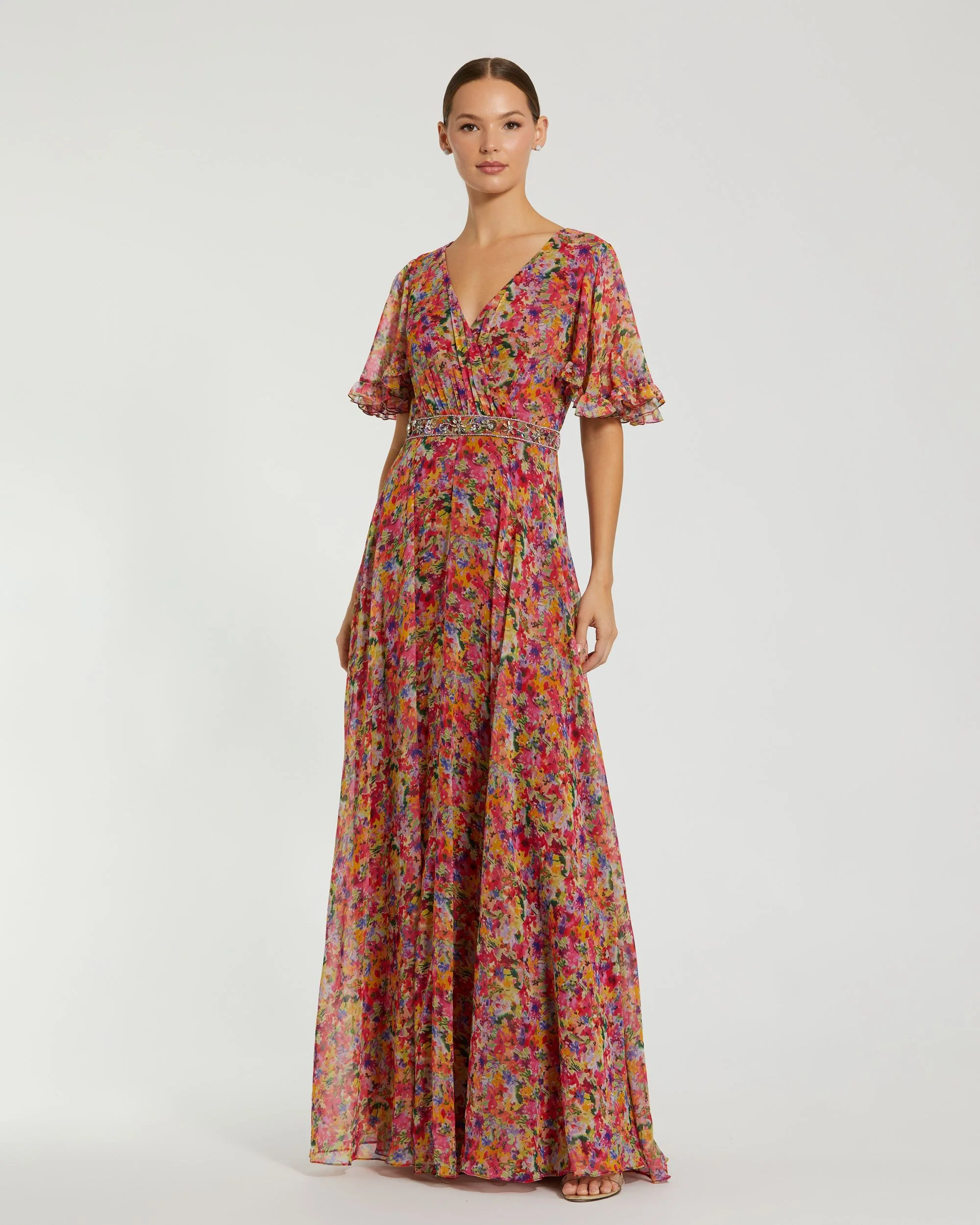Floral Printed Chiffon Flutter Sleeve Gown
