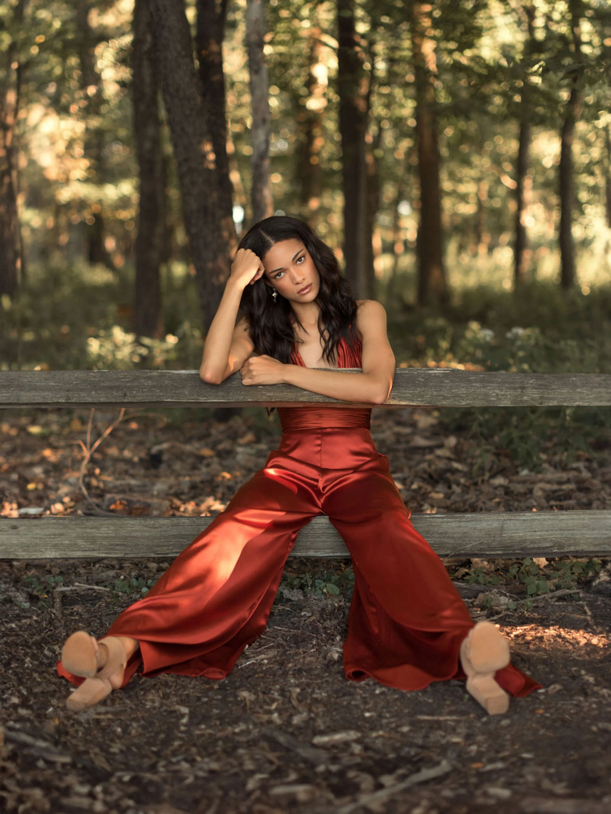 Orange Ruched Halter Top Wide Leg Satin Jumpsuit