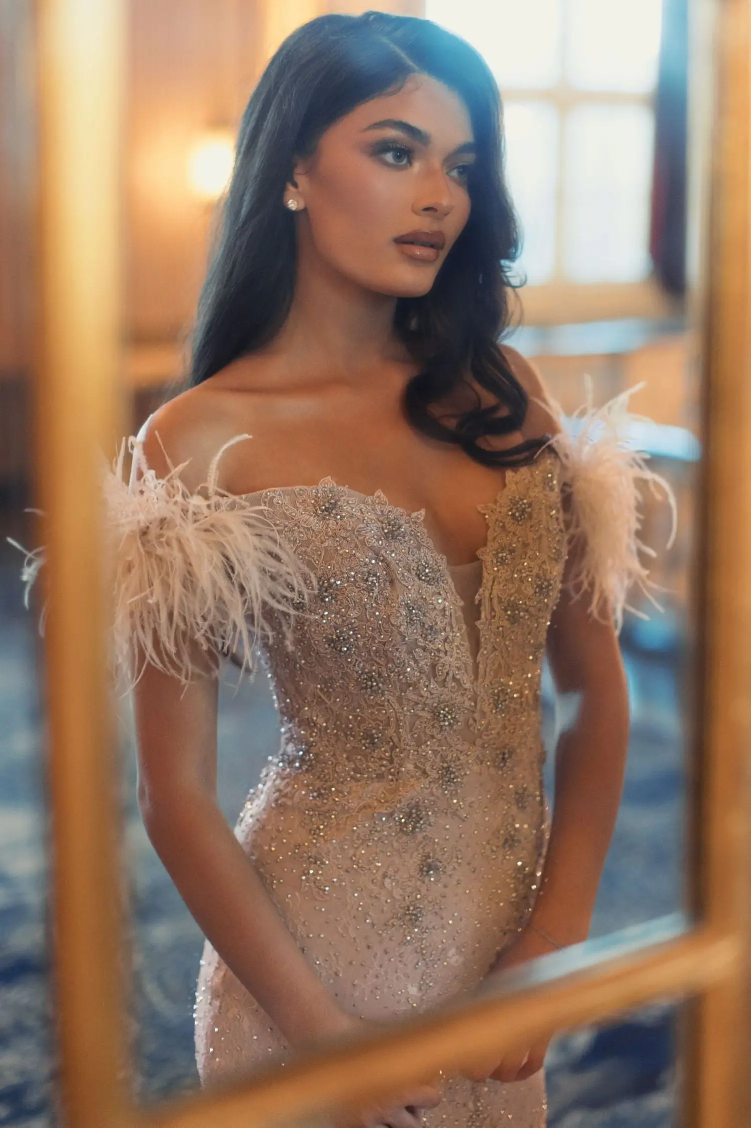 Purple Feathered Crystal Embellished Sleeveless Gown