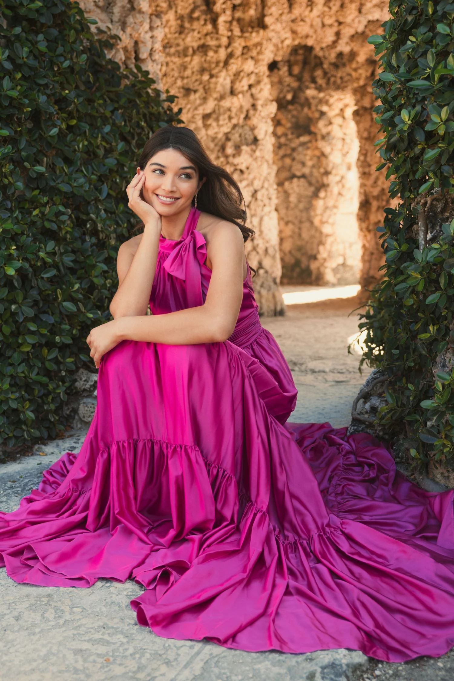 Ruffle Tiered Soft Tie Halter Neck Gown