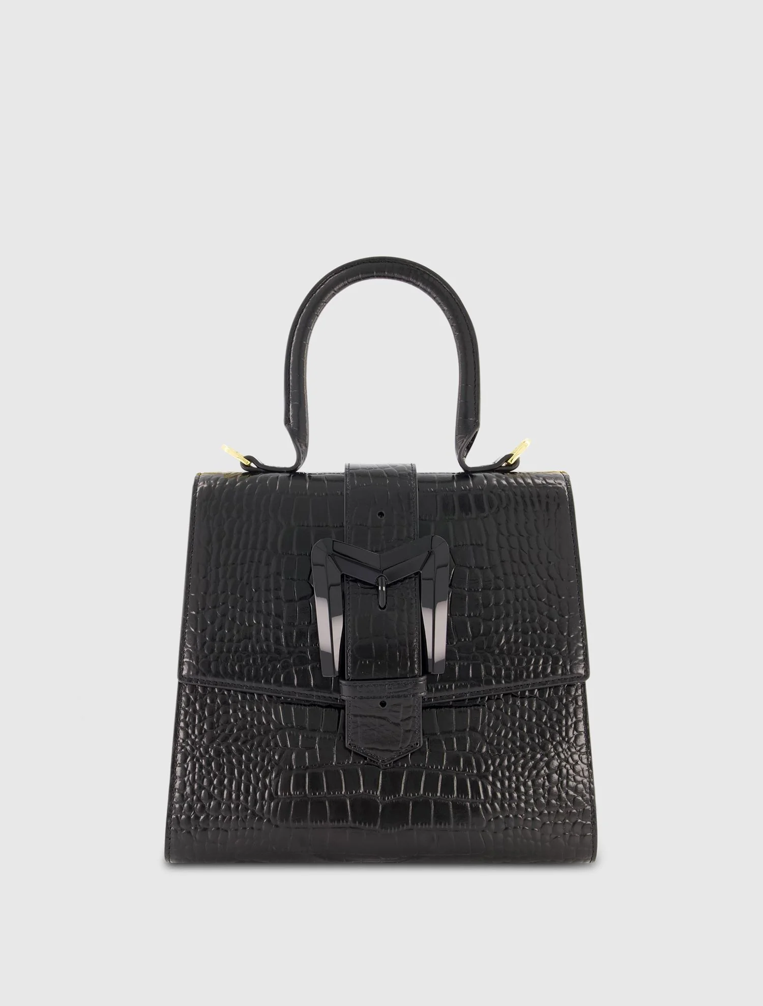 Buckled Medium Croco Black Leather Handbag with Detachable Strap