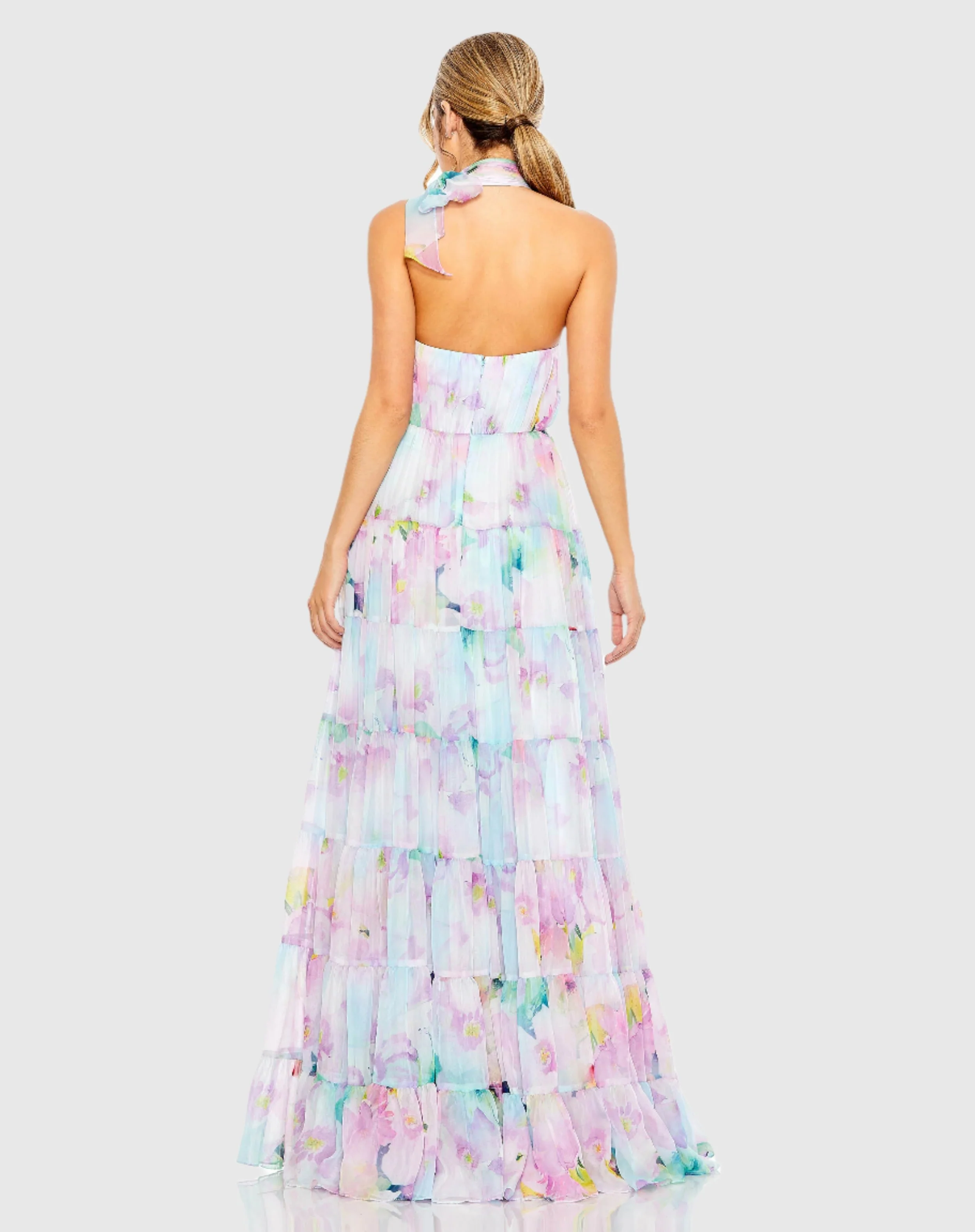 Floral Print Asymmetrical Halter Neck Tiered Gown