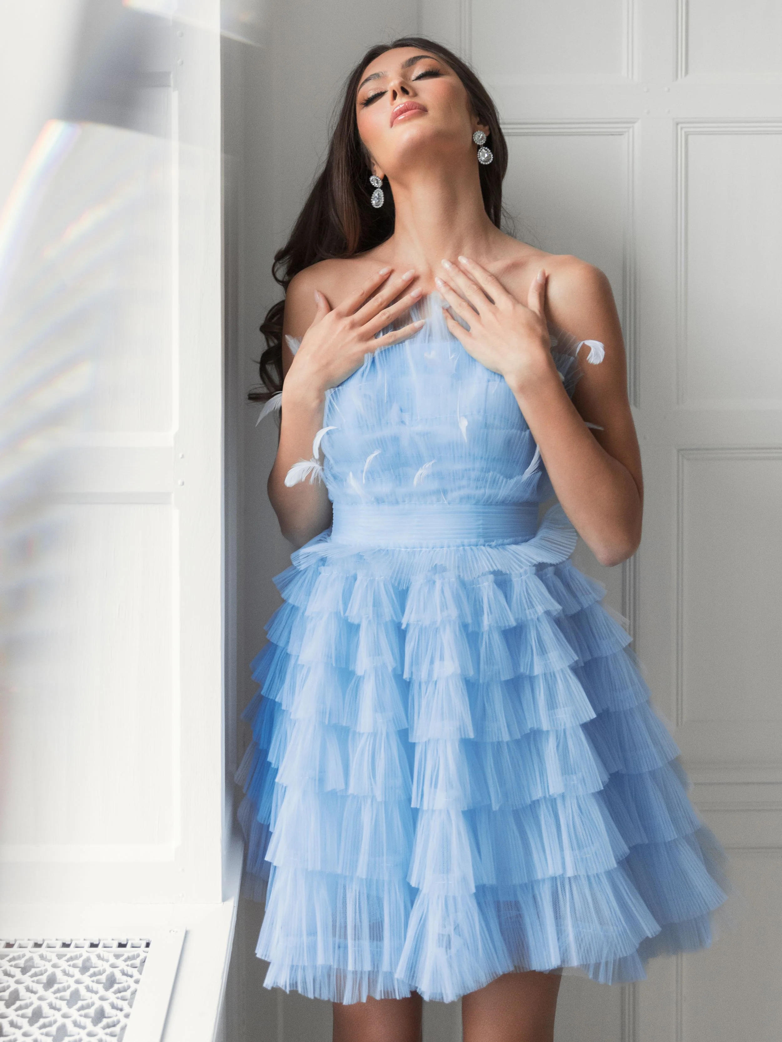 Blue Feathered Strapless Tulle Fit and Flare Dress