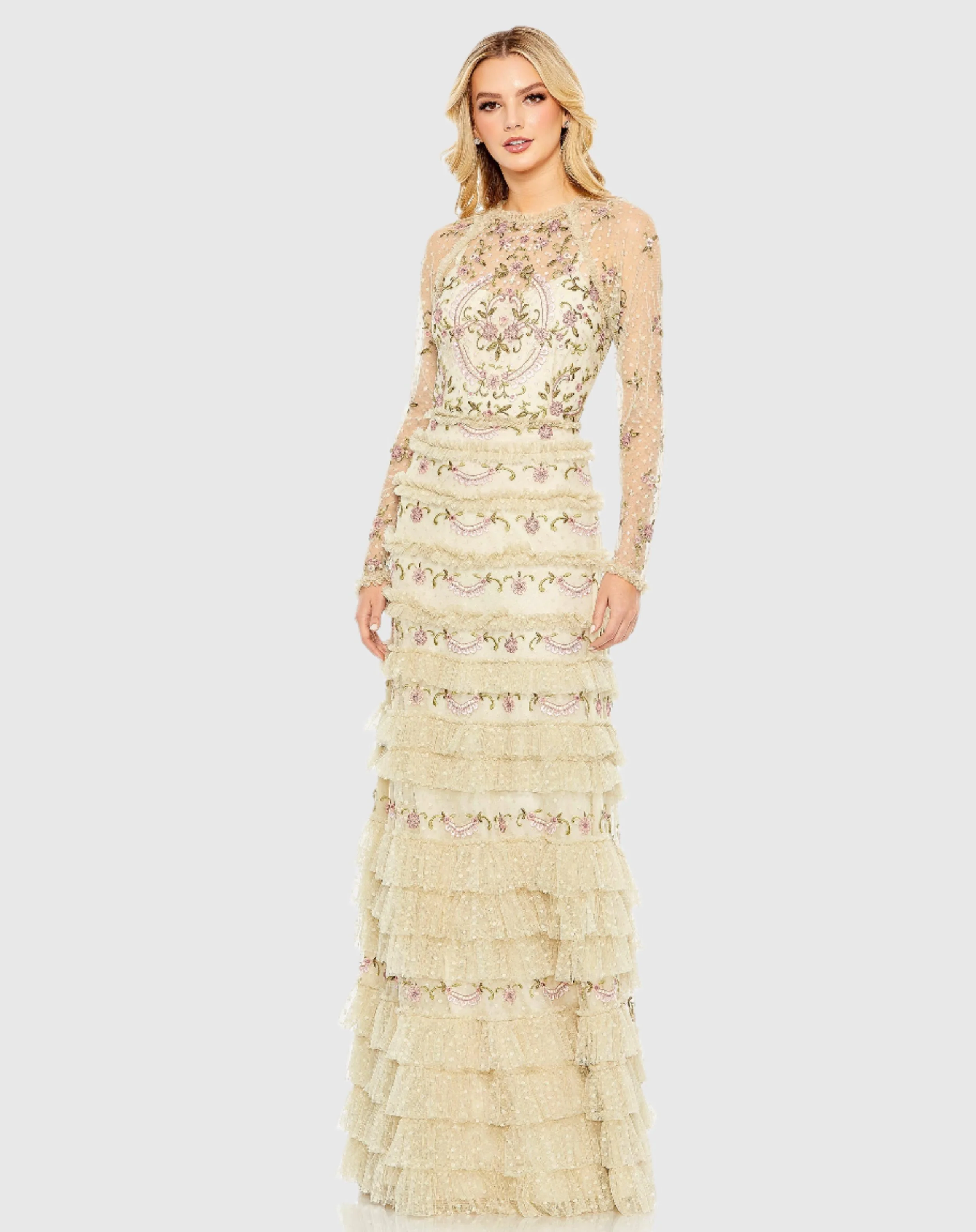 Beige Mesh Polka Dot Long Sleeve Floral Ruffle Tired Gown