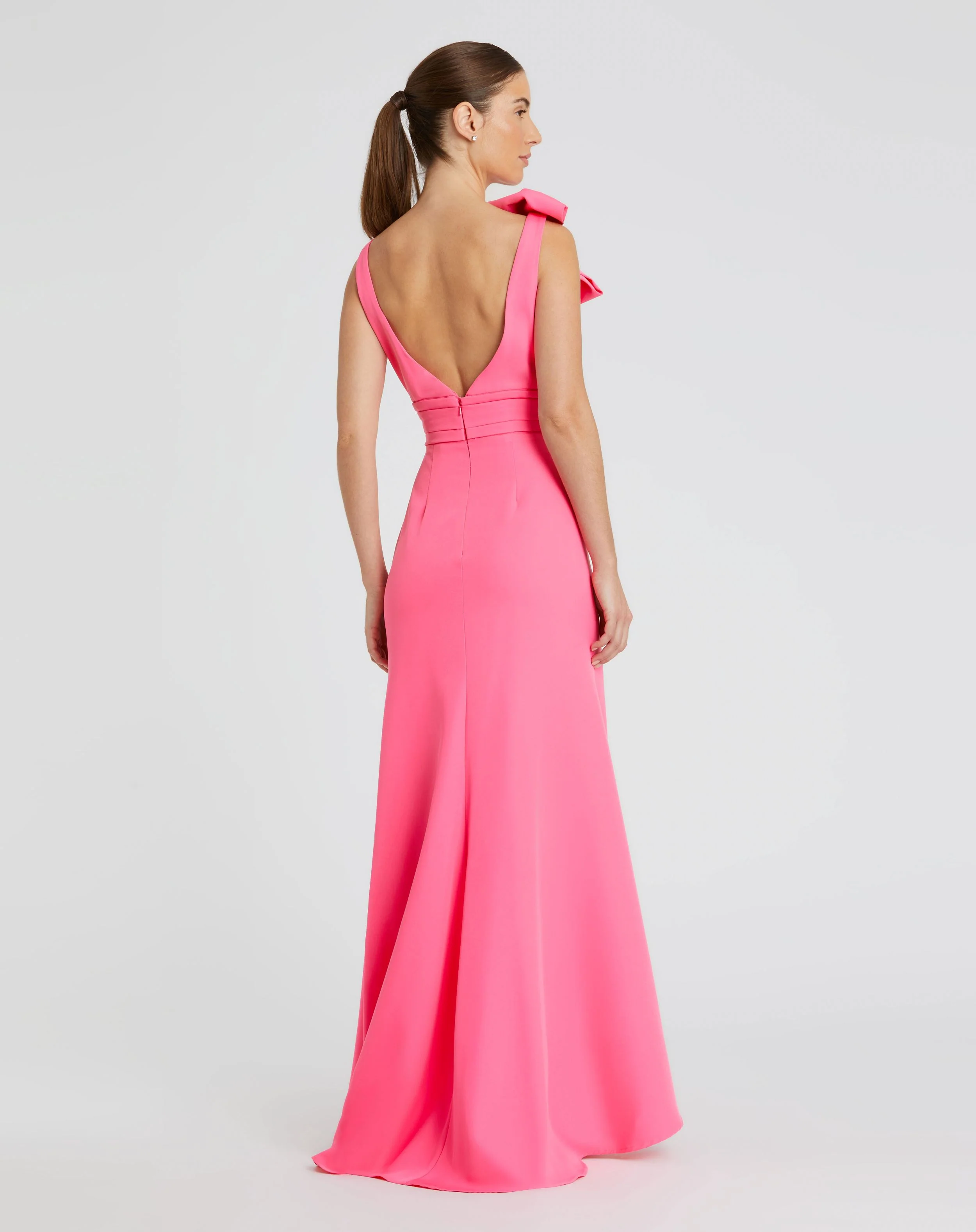 Pink Sleeveless V Neck Bow Detail Mermaid Gown