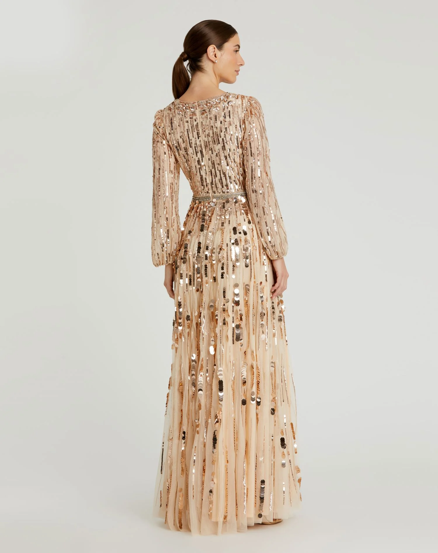Embellished Mesh Long Sleeve V Neck Gown