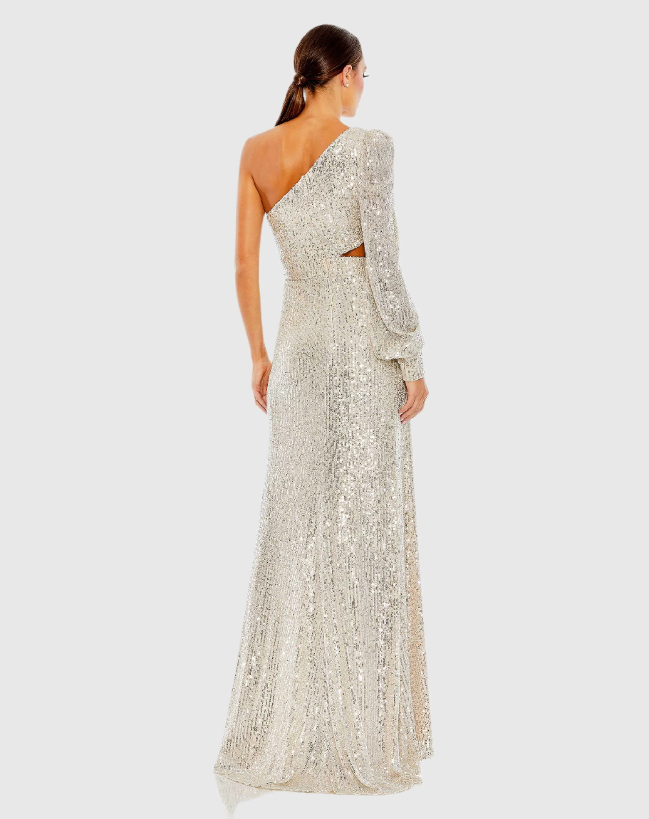 Silver Sequined One Shoulder Cut Out Gown