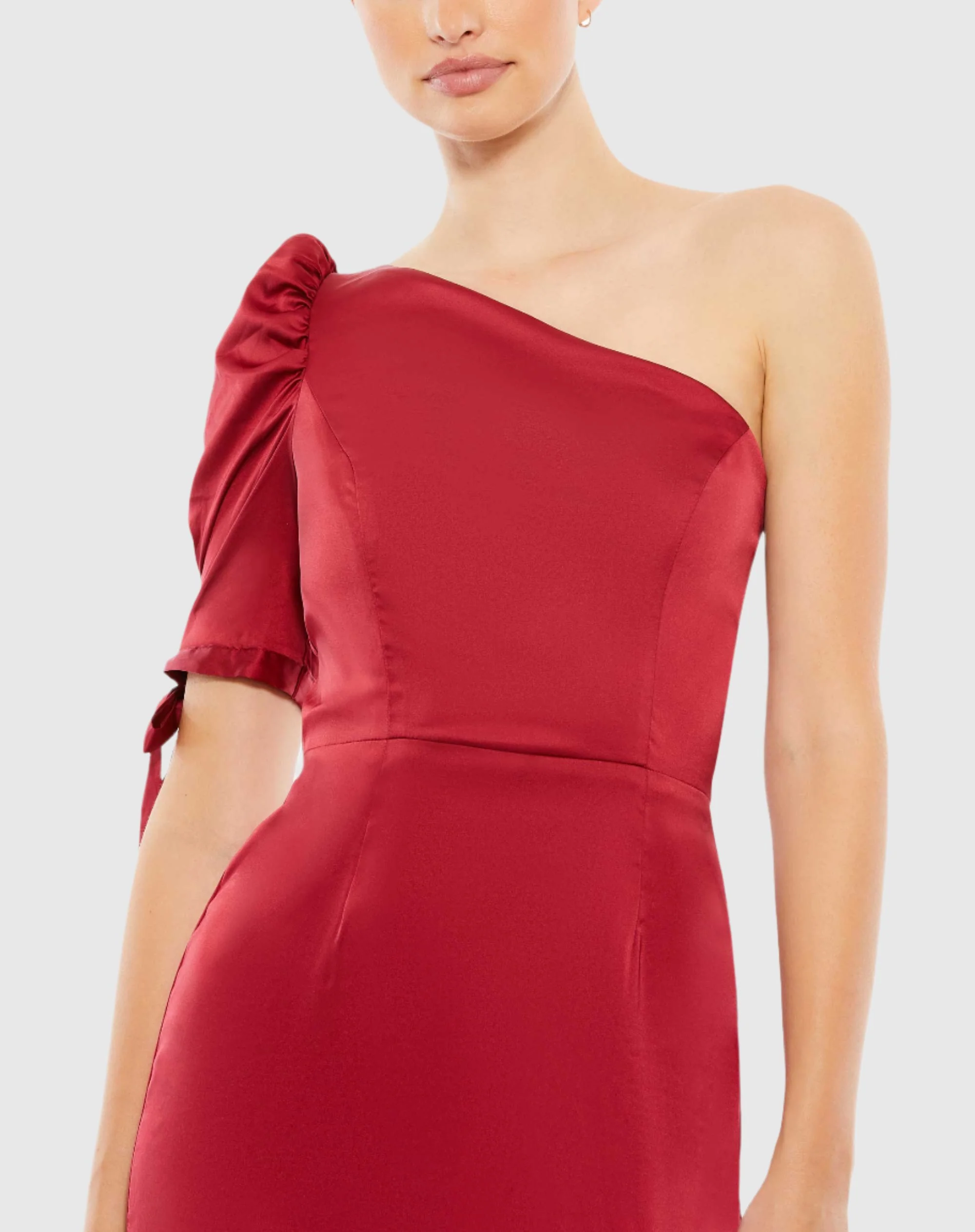 Red Satin One Shoulder Puff Sleeve Trumpet Gown