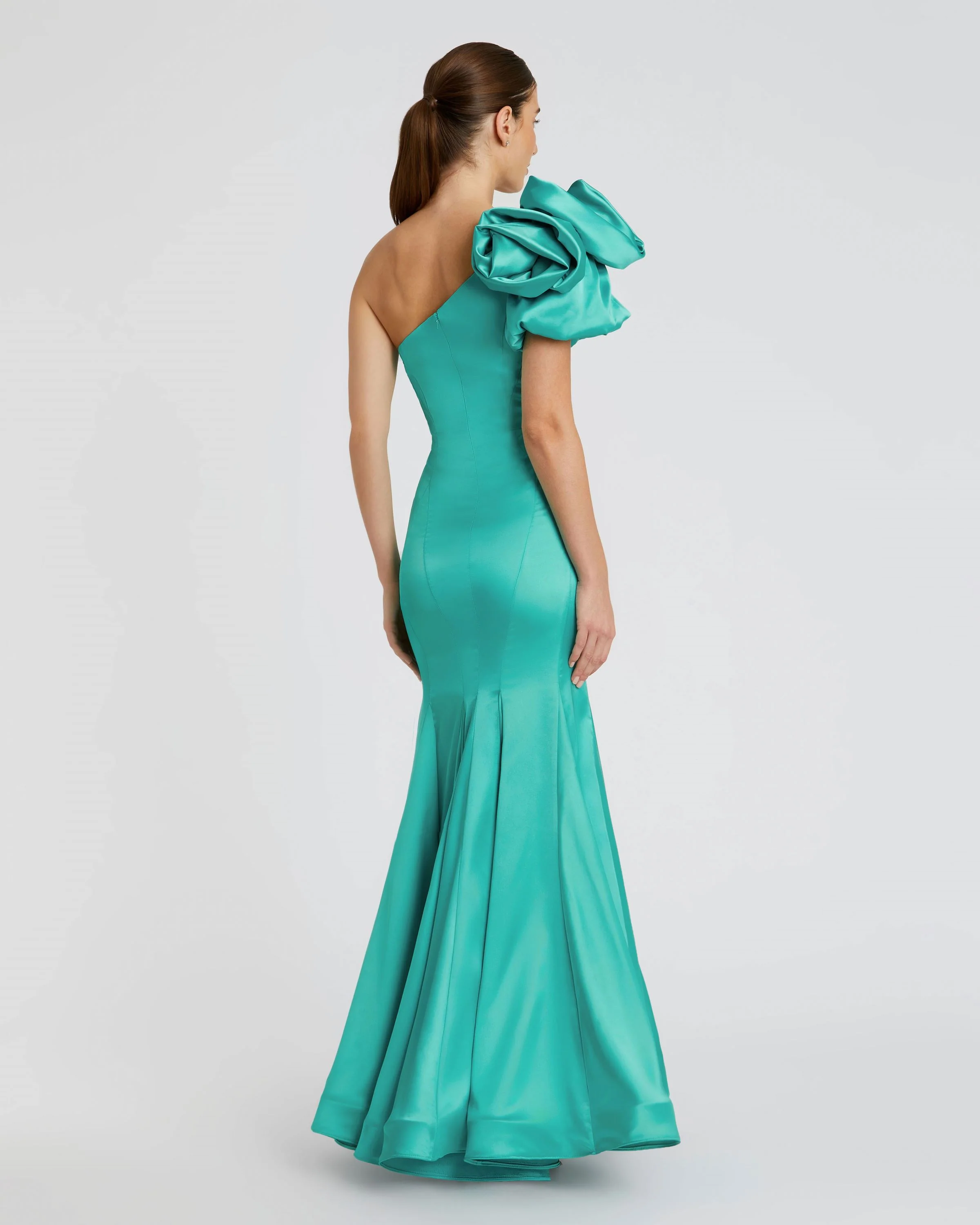 Green One Shoulder Bustier Satin Mermaid Gown