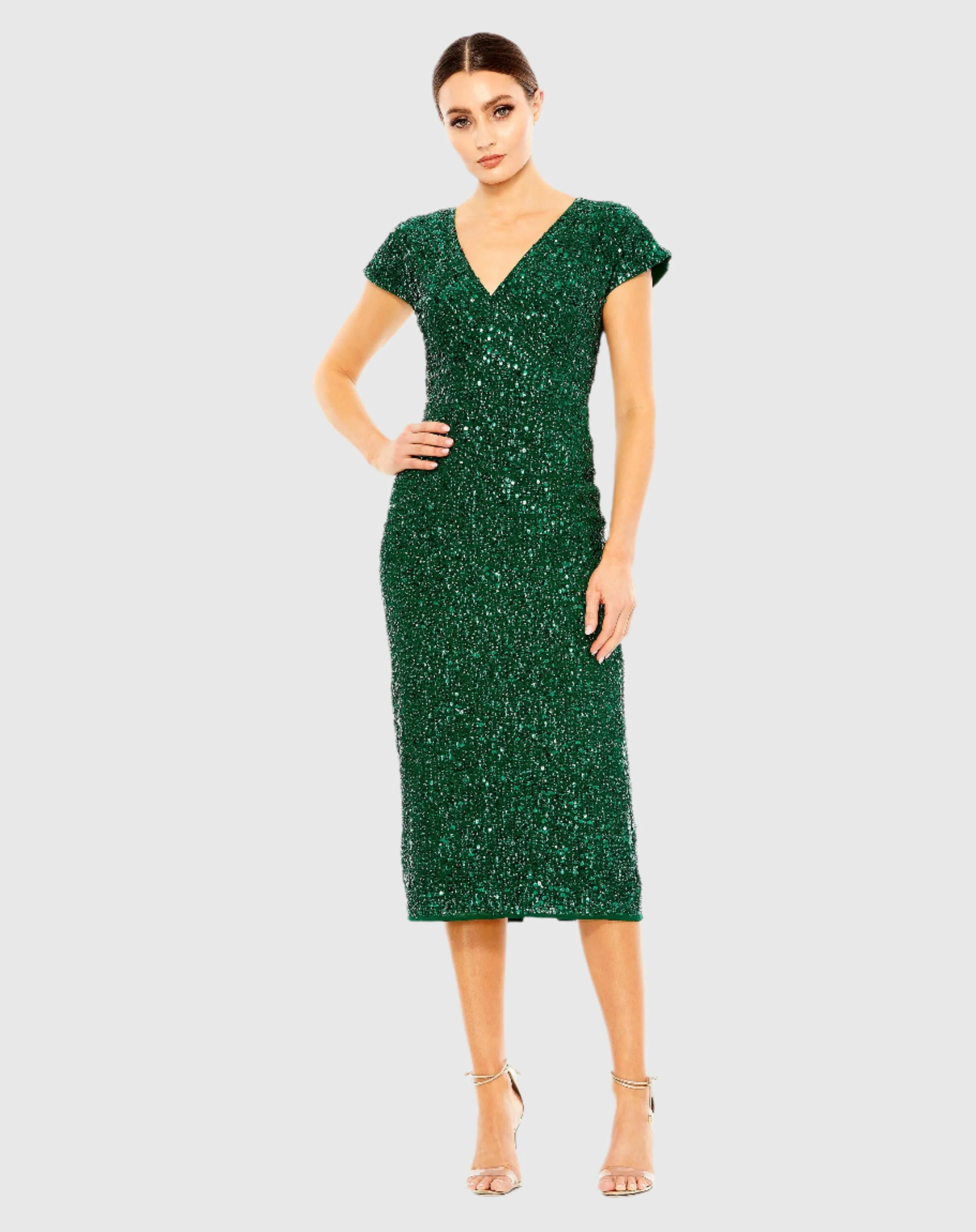 Dark Green Sequined Short Sleeve Wrap Over Cocktail Dress