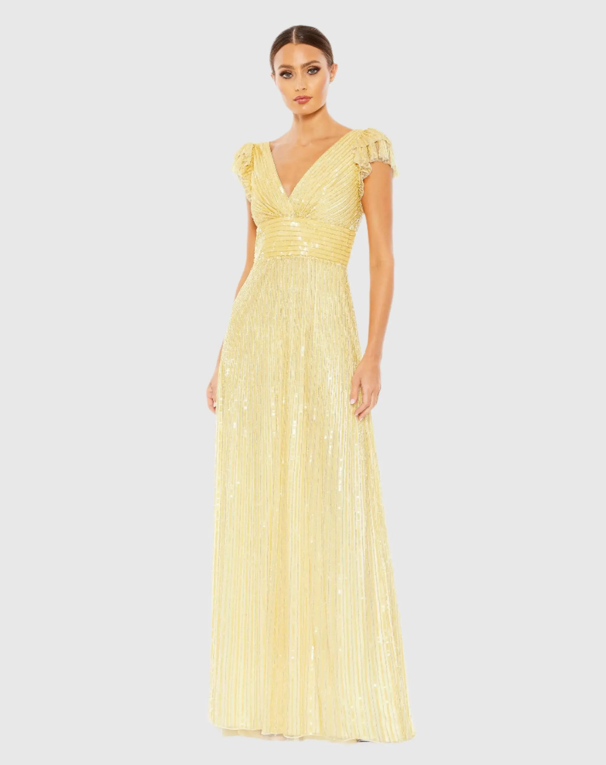 Yellow Embellished Flutter Cap Sleeve A Line Gown