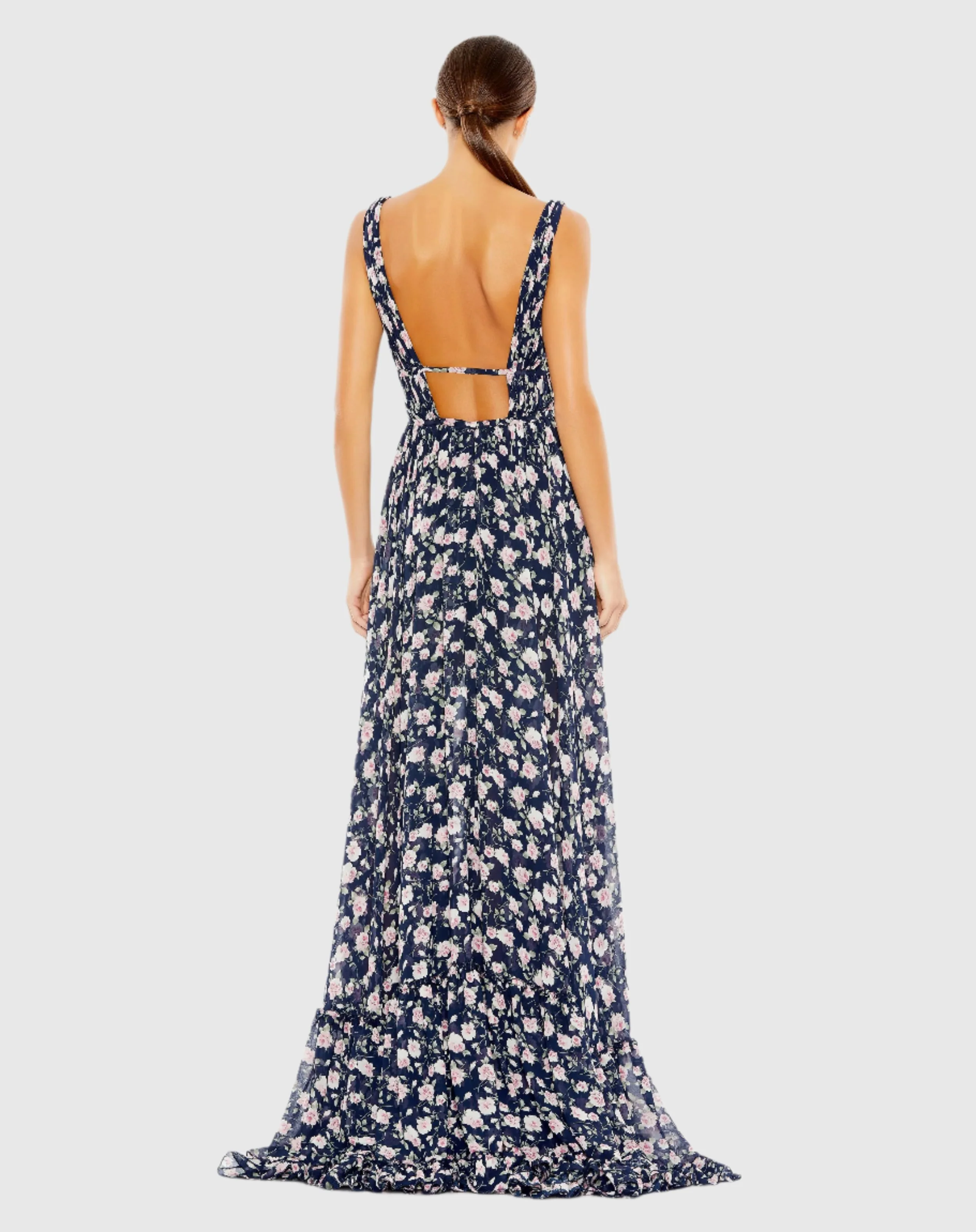 Navy Multicolor Floral Print Sleeveless Ruffled High-Low Gown