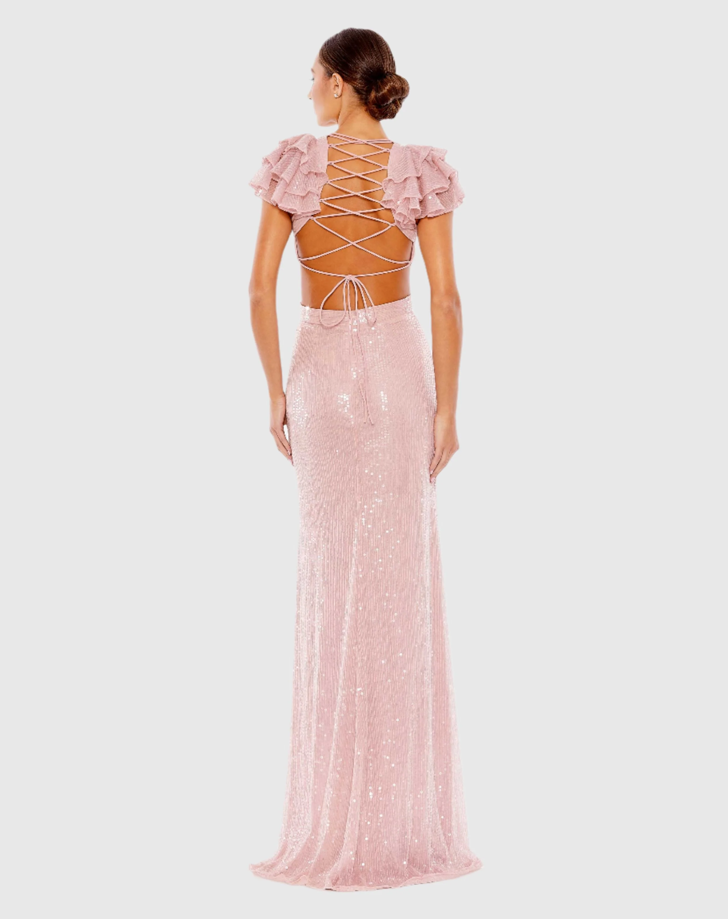 Pink Sequined Ruffled Cut Out Lace Up Gown