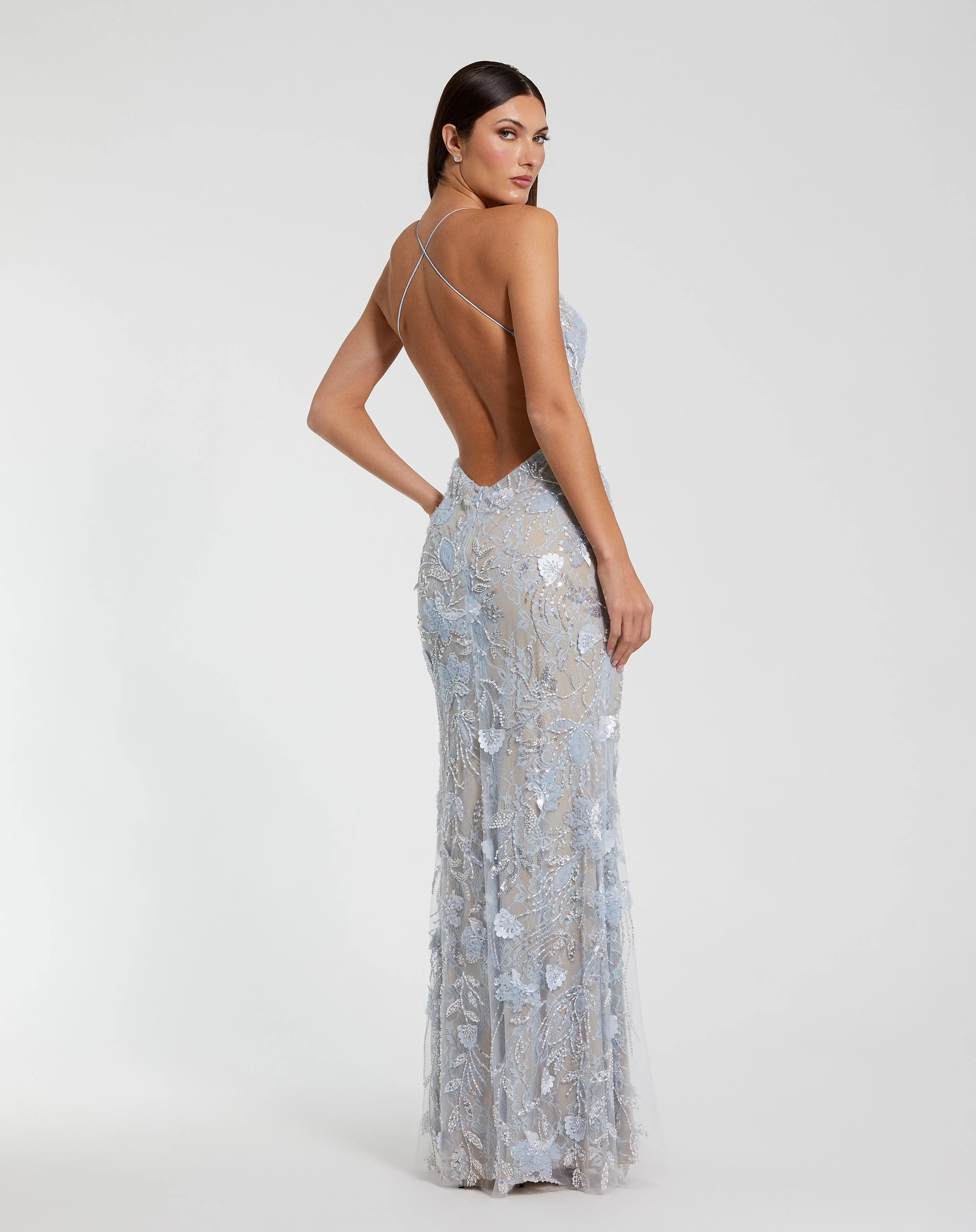 Blue Floral Embroidered Sleeveless Open Back Gown