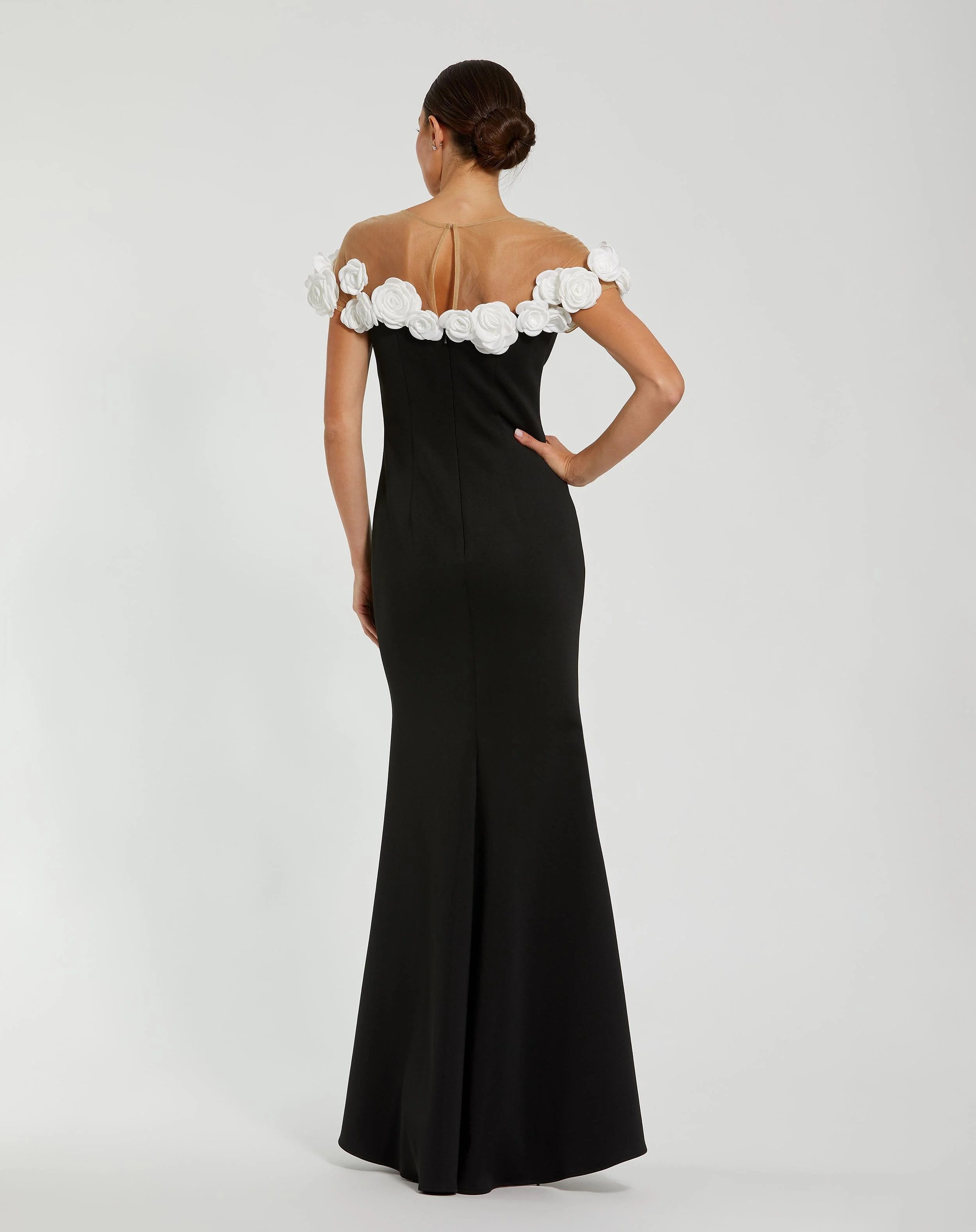Black and White Stretch Crepe Mermaid Gown With 3D Flowers
