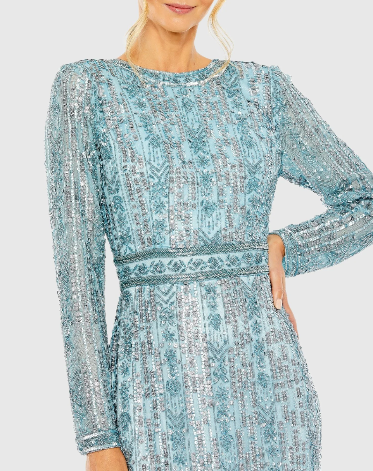 Blue High Neck Long Sleeve Crystal Fringe Column Gown
