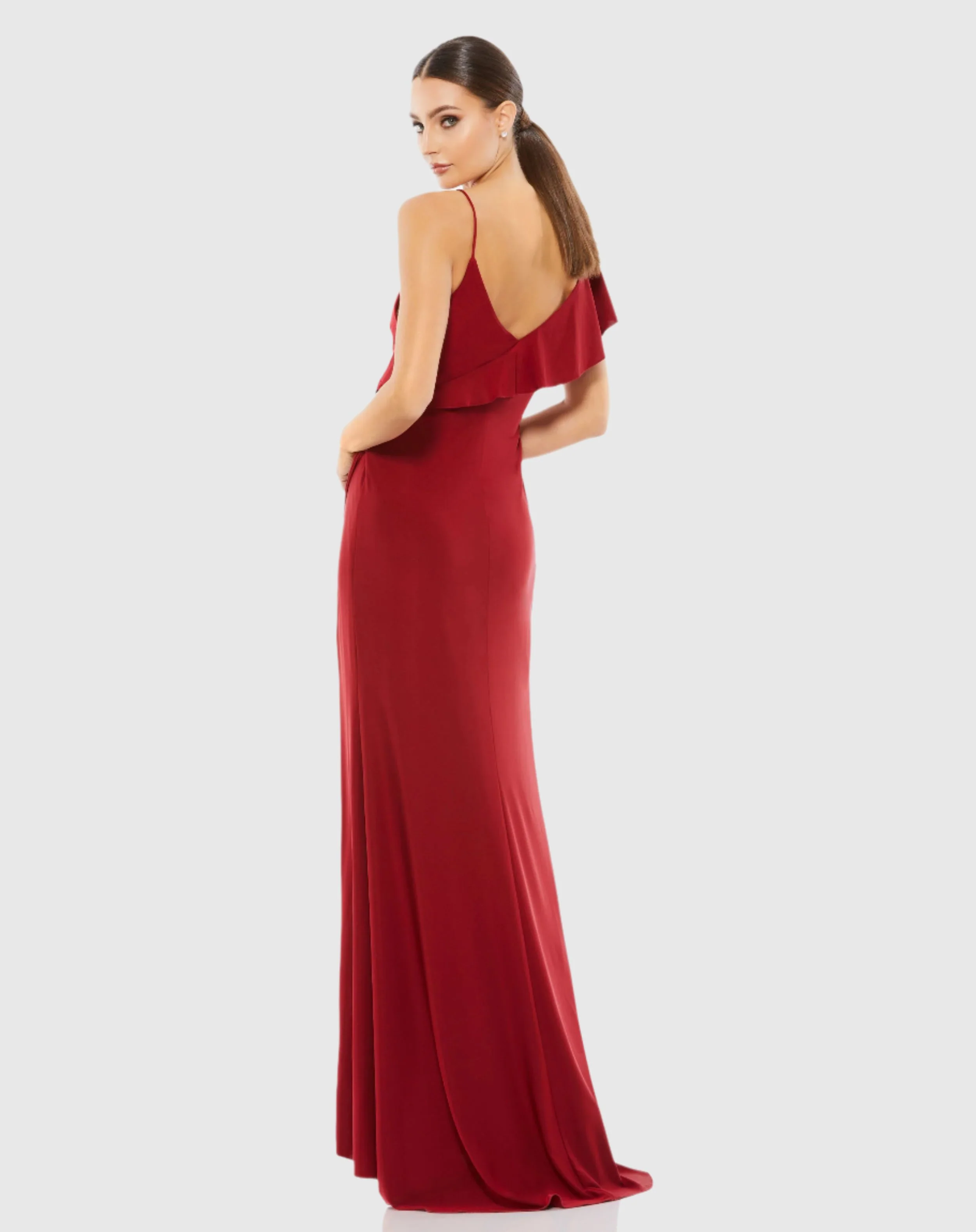 Asymmetric V-Neck Jersey Ruffled Cap Sleeve Gown - FINAL SALE