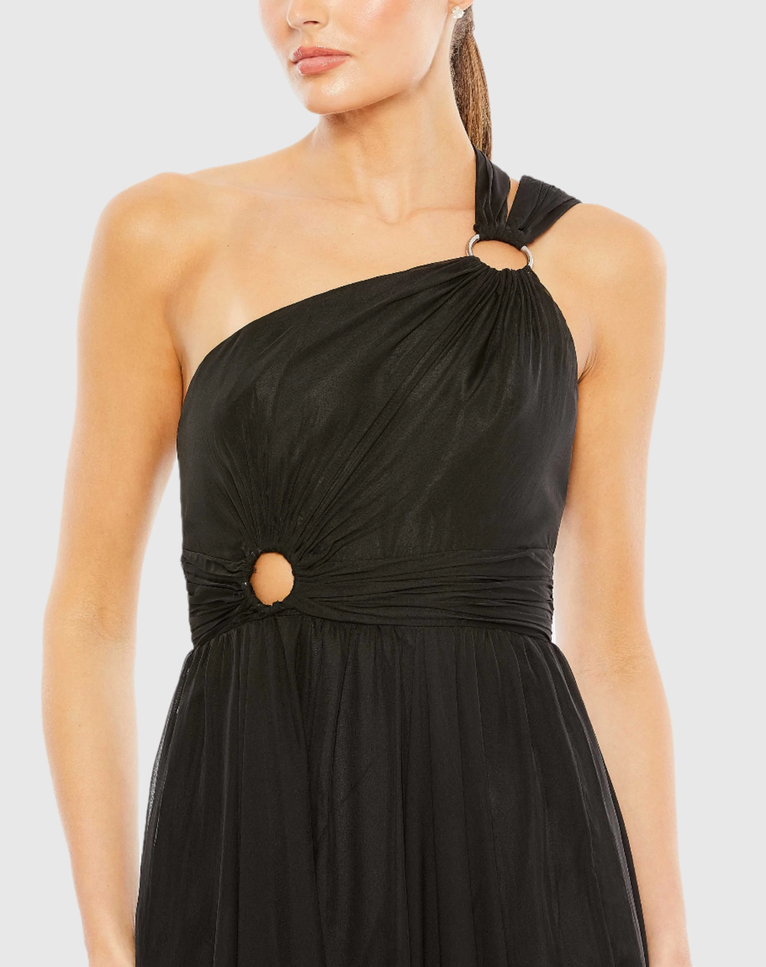 Black Strappy One Shoulder A Line Gown