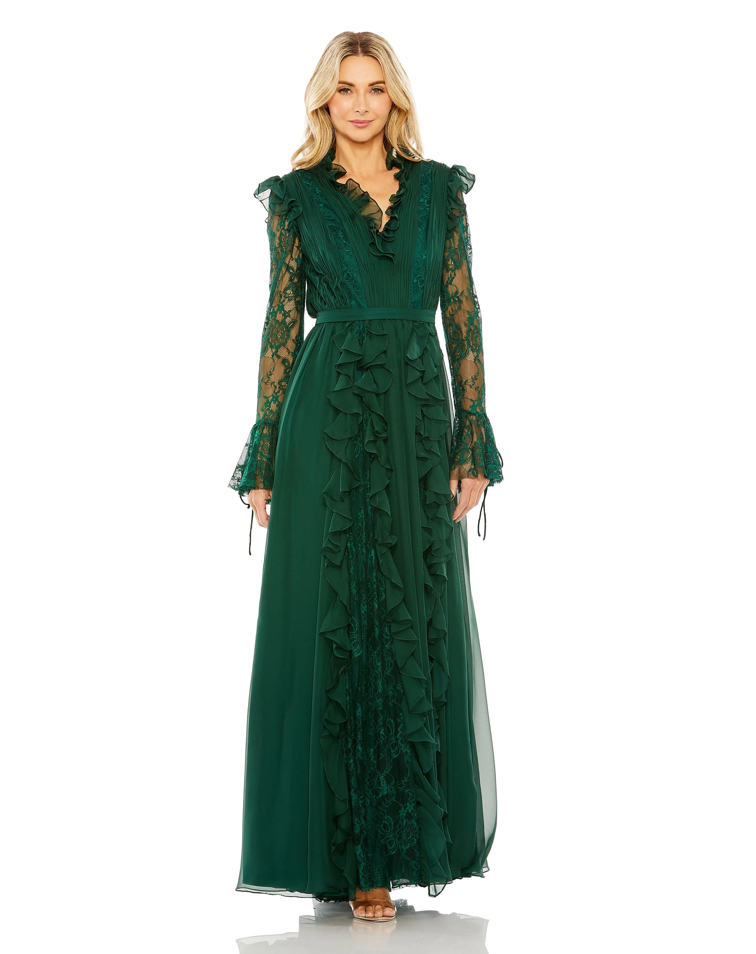 Long Lace Sleeve Ruffle Gown | Sample | Sz. 2