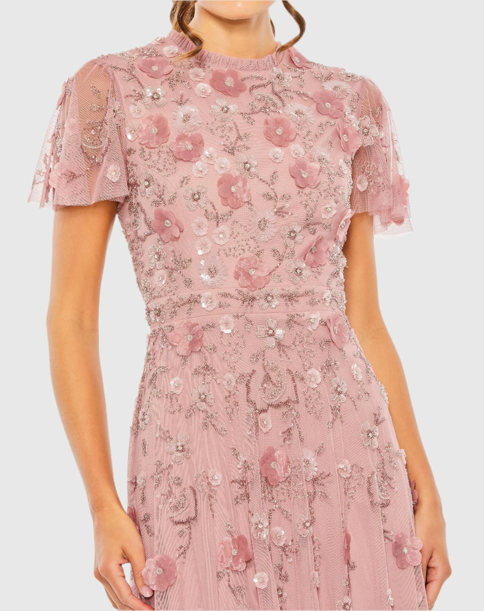 Pink Embellished High Neck Cap Sleeve A Line Dress