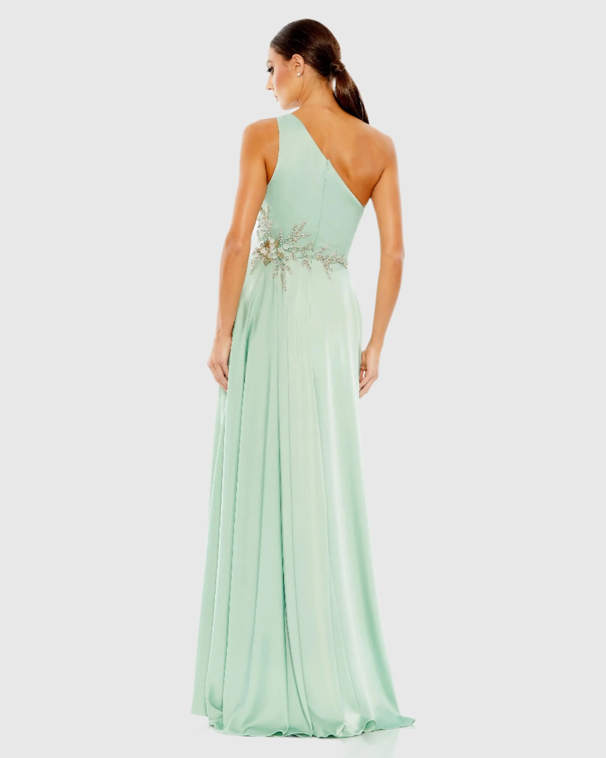 Green Embellished One Shoulder Asymmetrical Gown