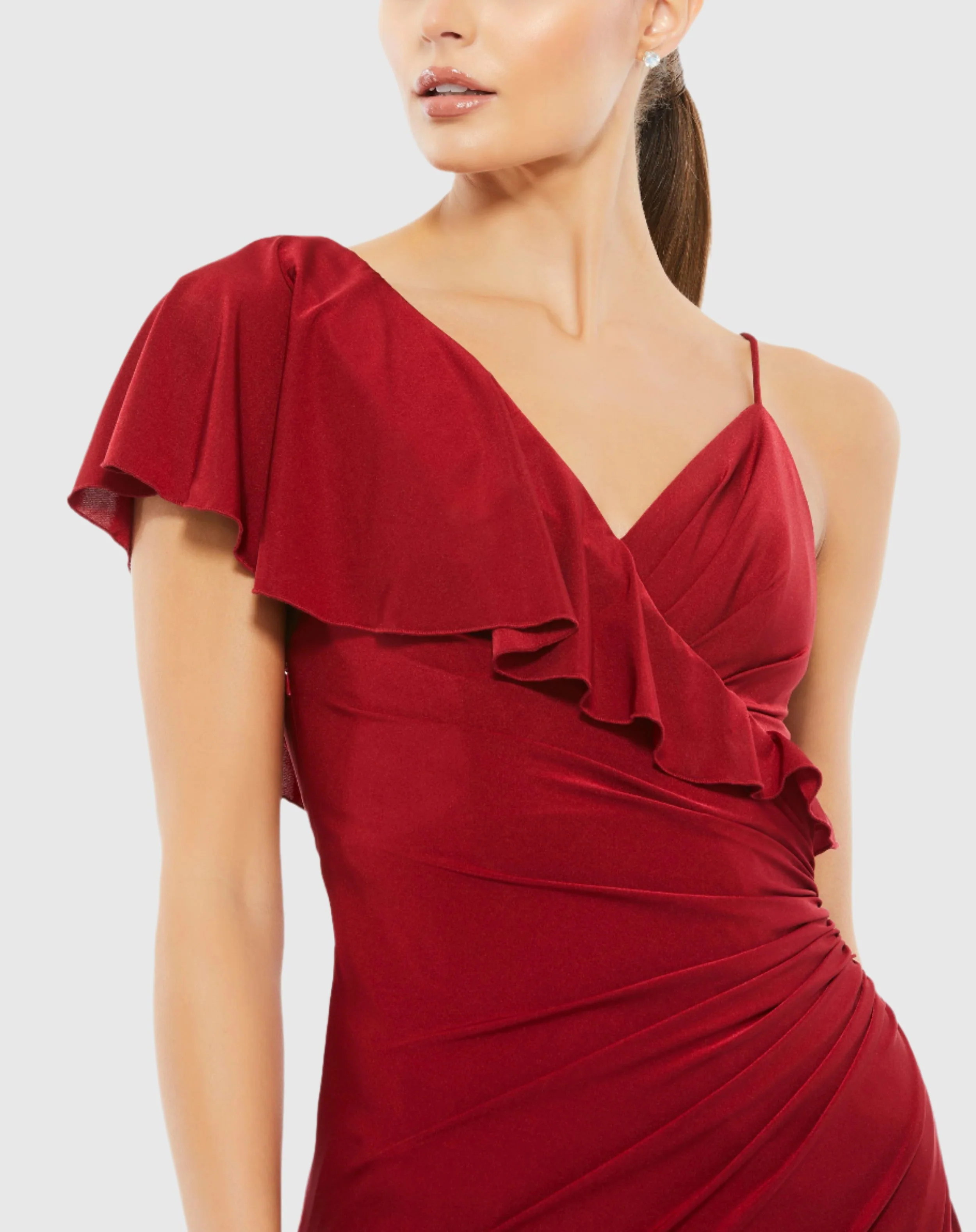Asymmetric V-Neck Jersey Ruffled Cap Sleeve Gown - FINAL SALE