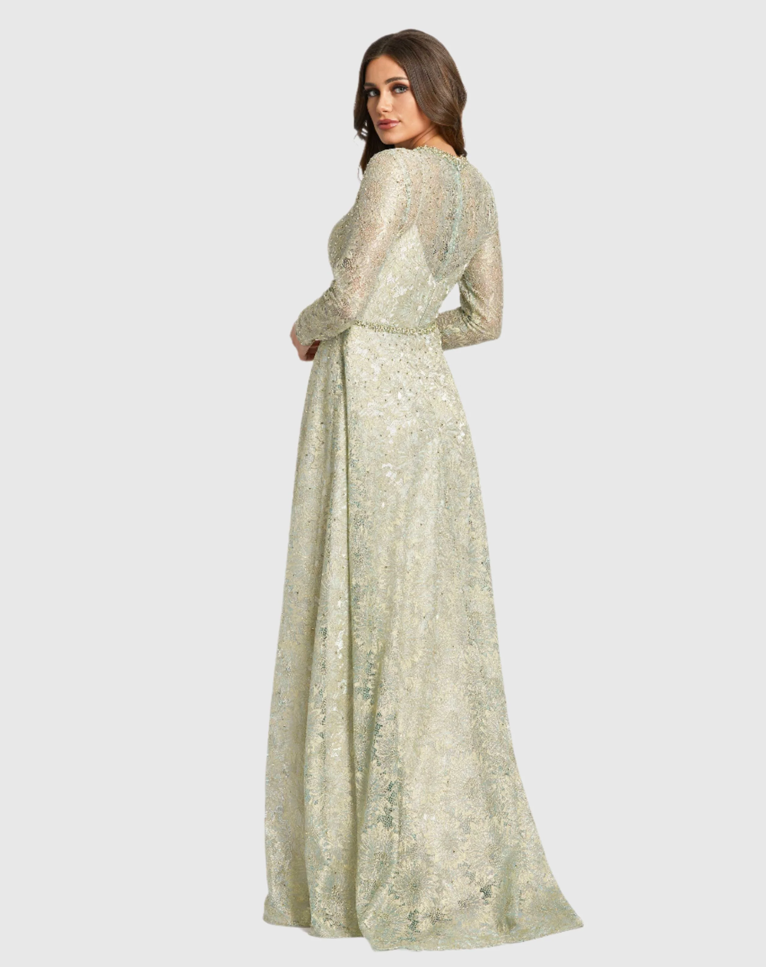 Green Long Sleeve Floral Lace Gown