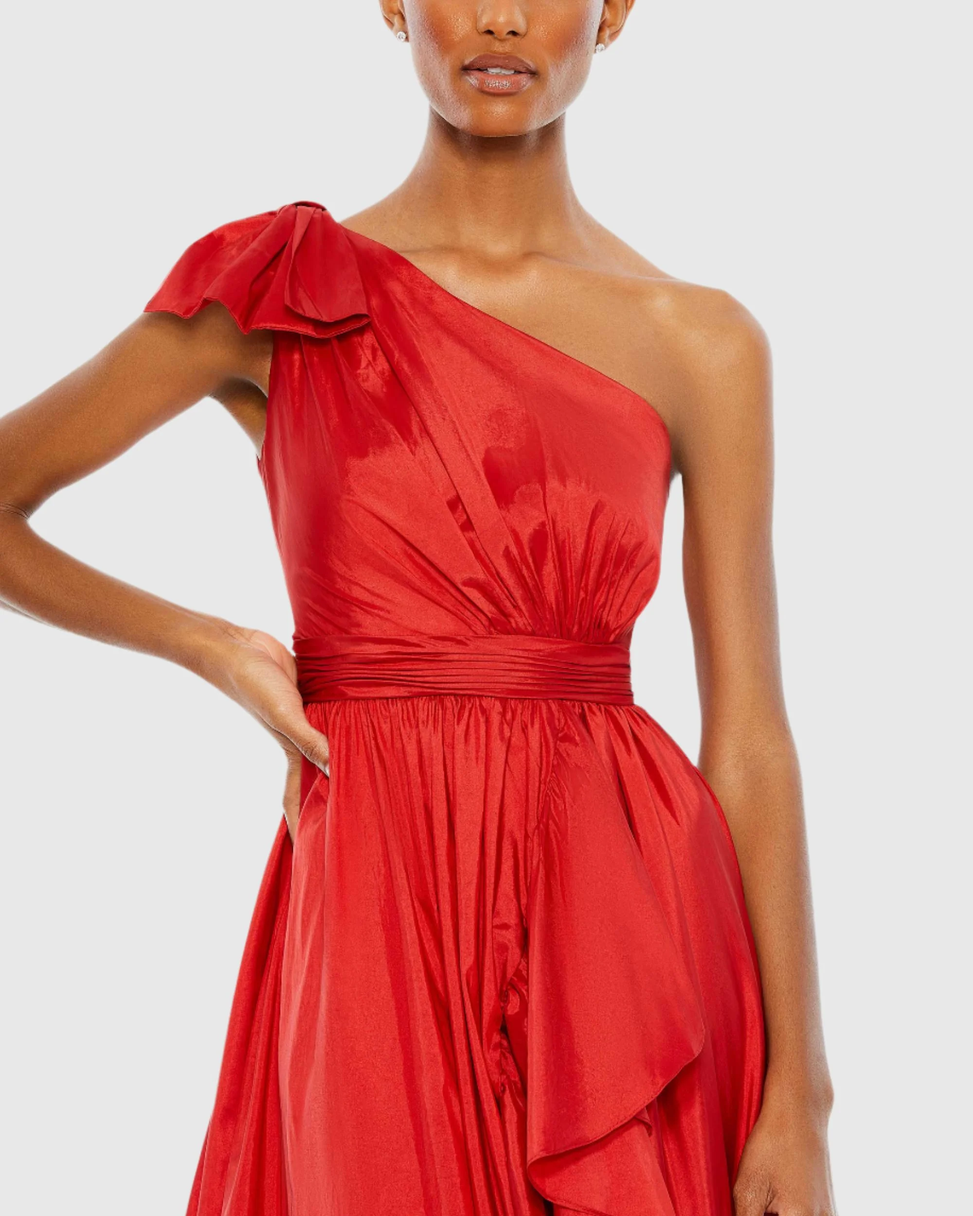 Red Bow One Shoulder Ruffle Asymmetrical Hem Gown