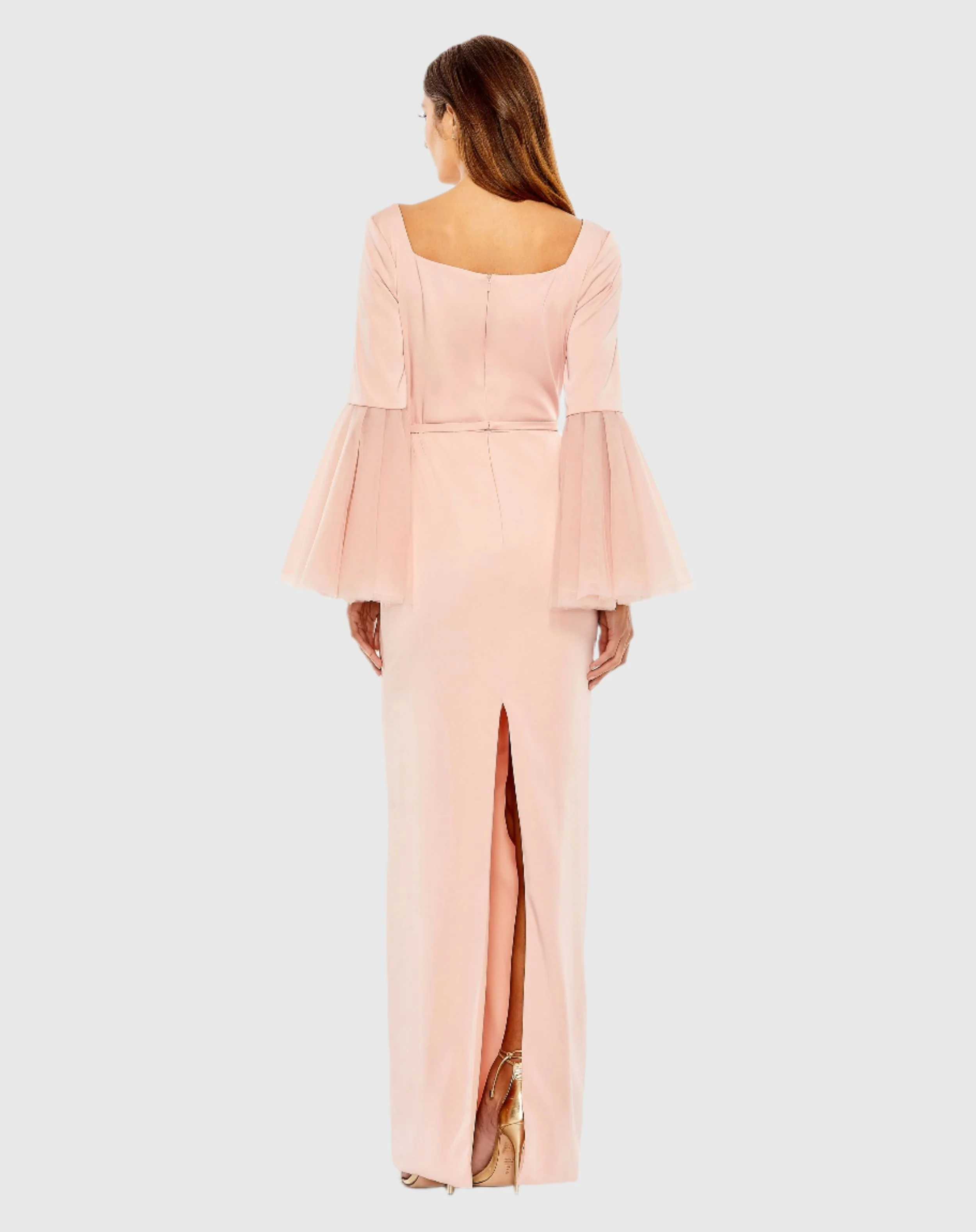 Pink Flounce Sleeve Square Neck Column Gown