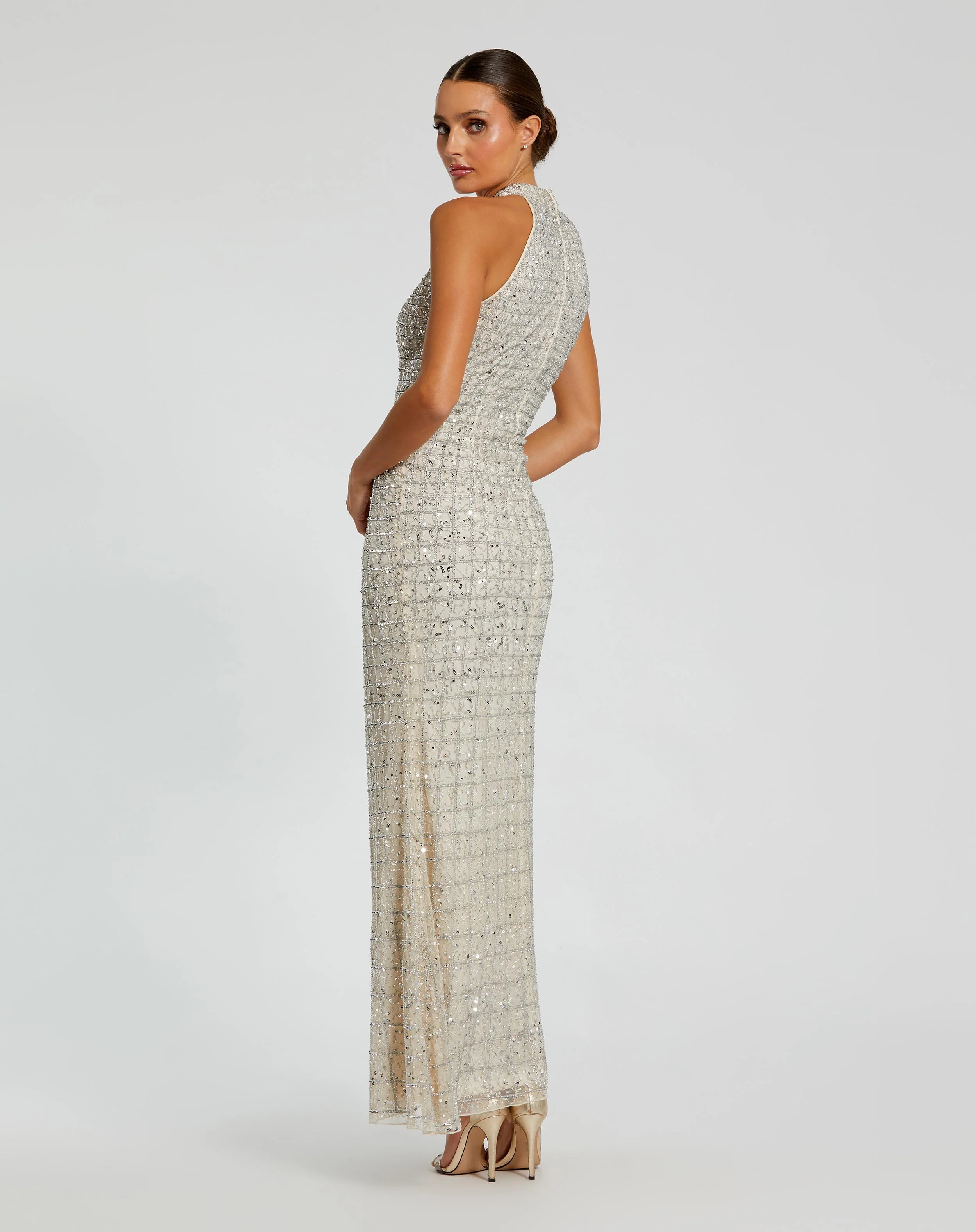 Silver Embellished Halter Neck Keyhole Gown