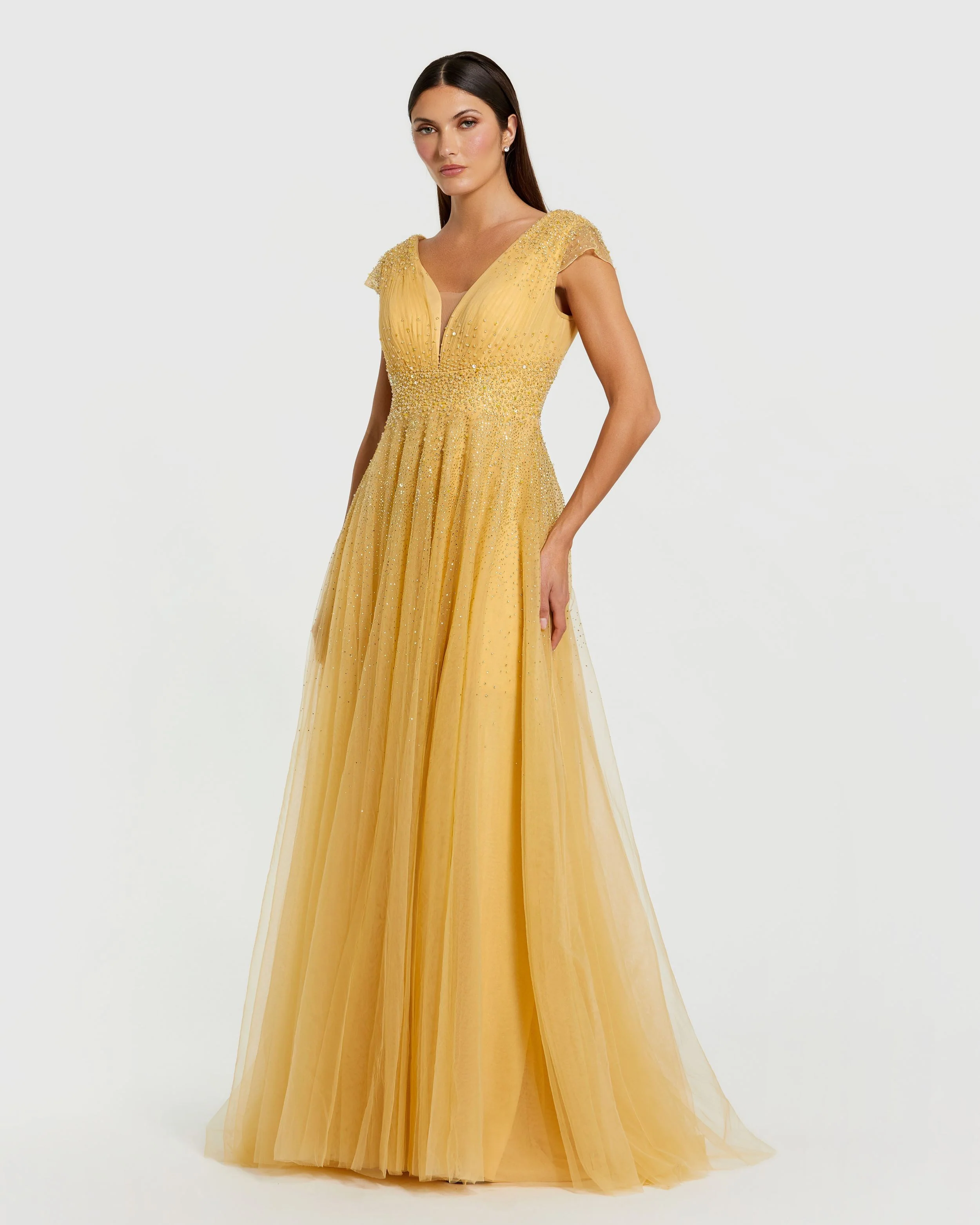 Yellow Embellished Tulle Cap Sleeve V Neck Gown