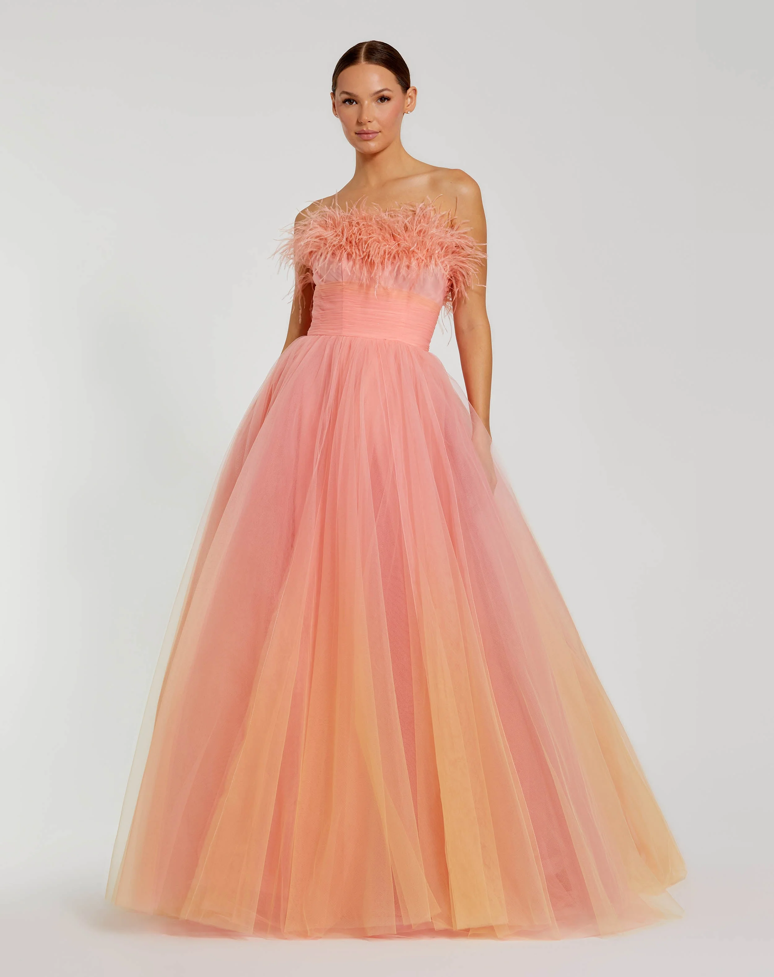 Strapless Feather Bodice Tulle Gown