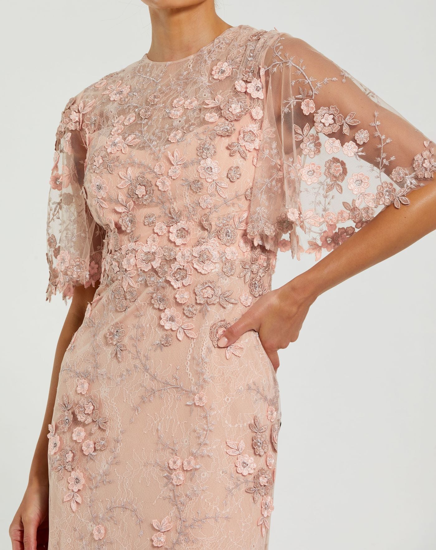 Pink Flutter Sleeve Floral Embroidered Net Gown