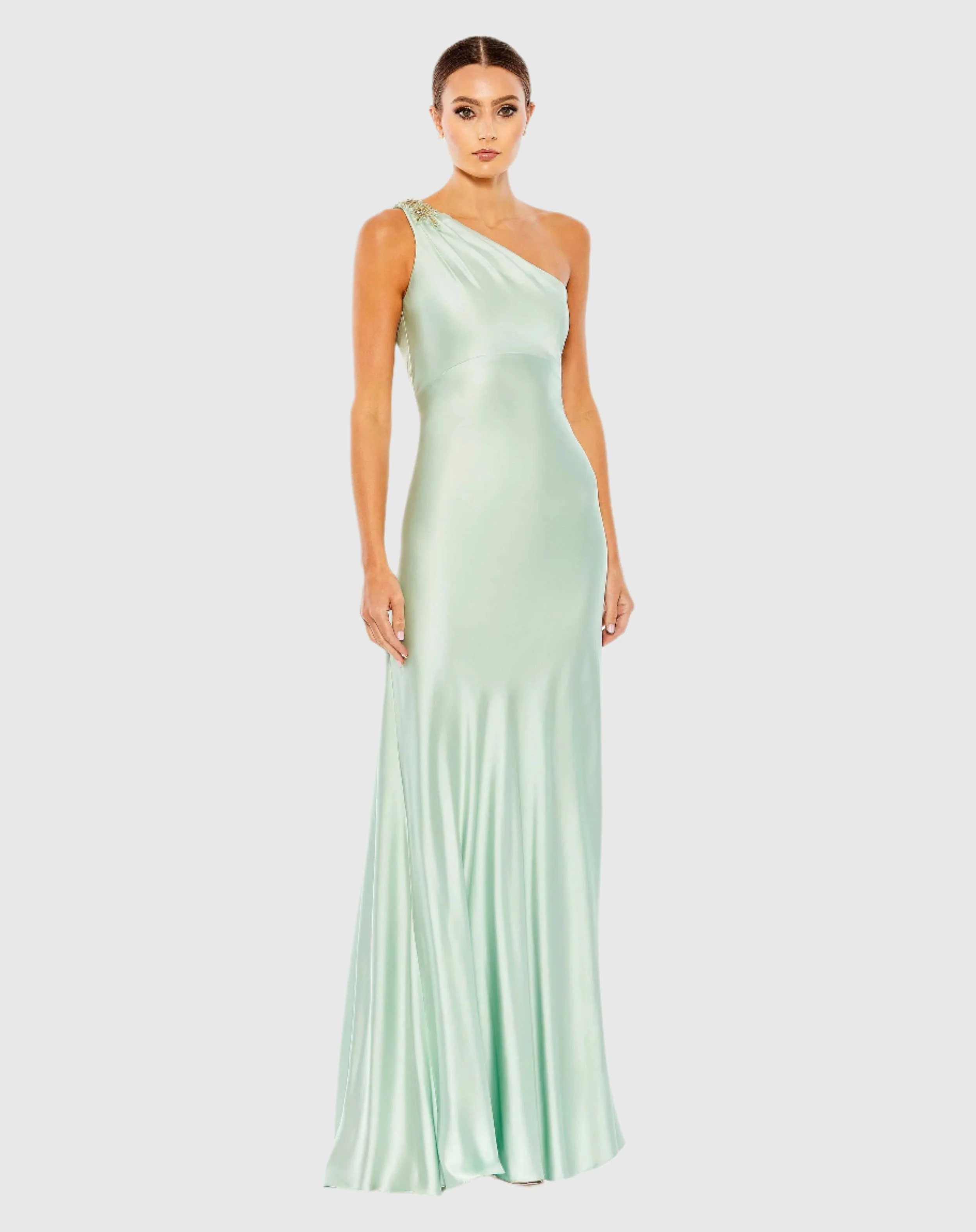 Green Beaded One Shoulder Column Gown