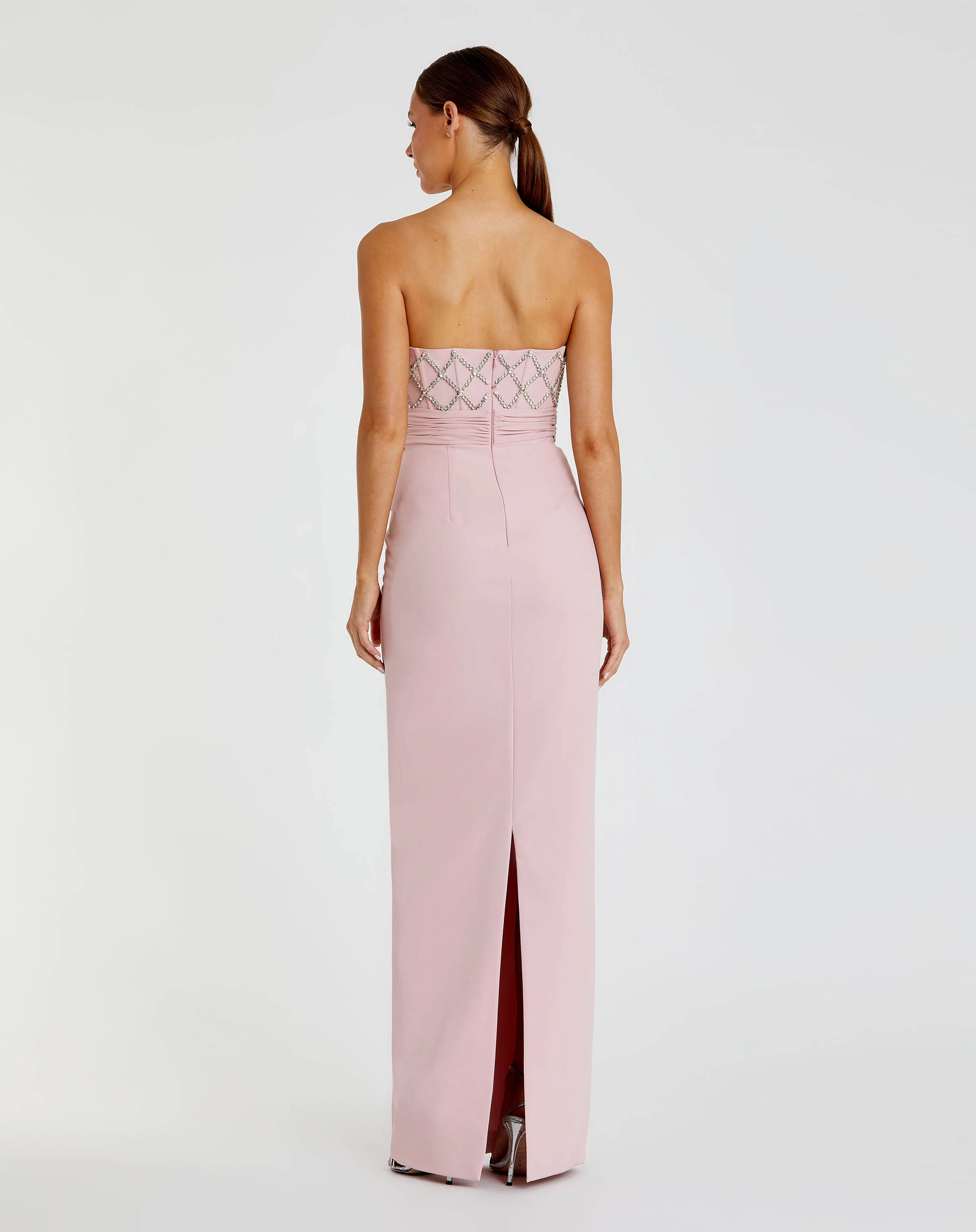 Strapless Crepe Embellished Bustier Gown With Bow