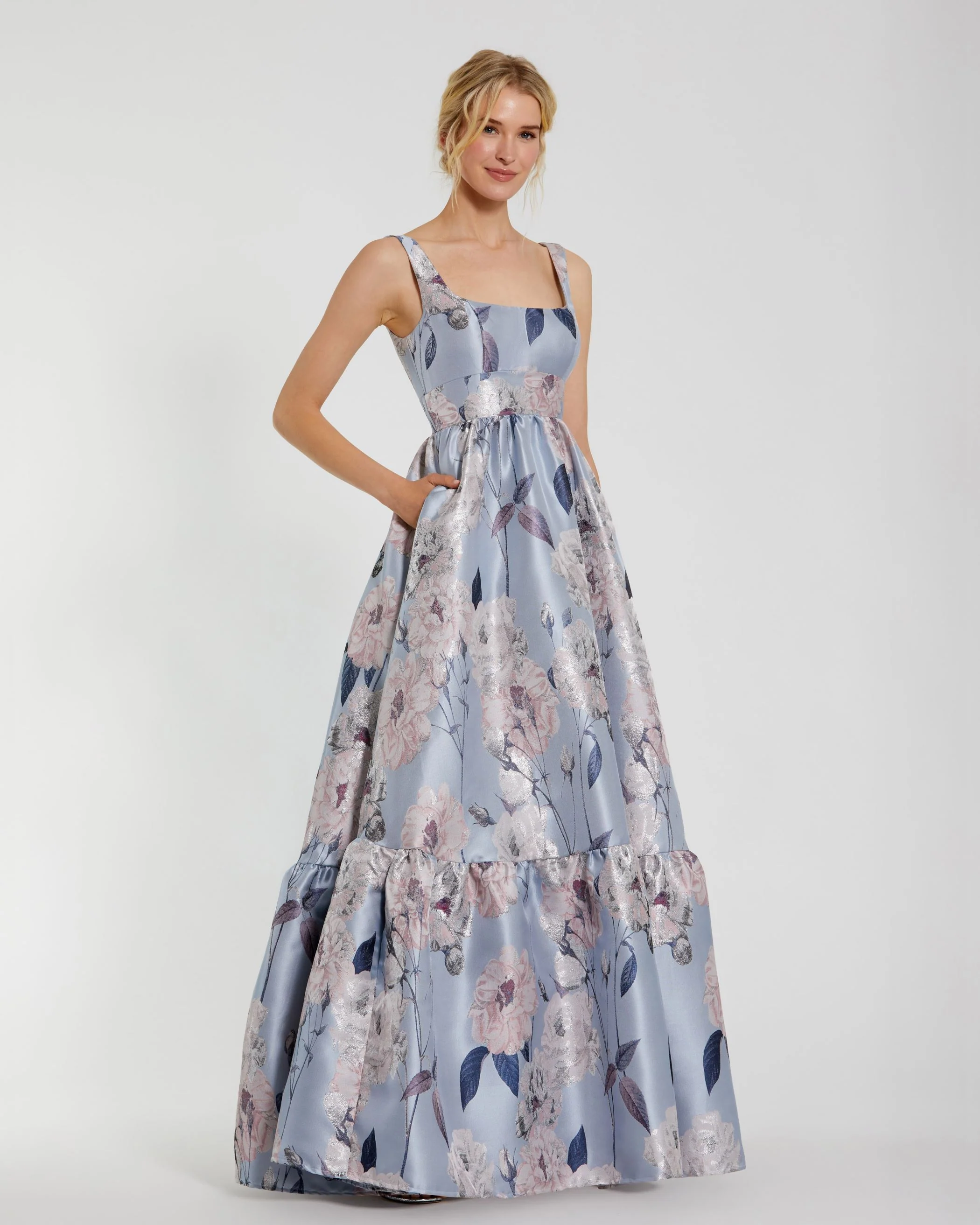 Blue Floral Printed Satin Square Neck Gown