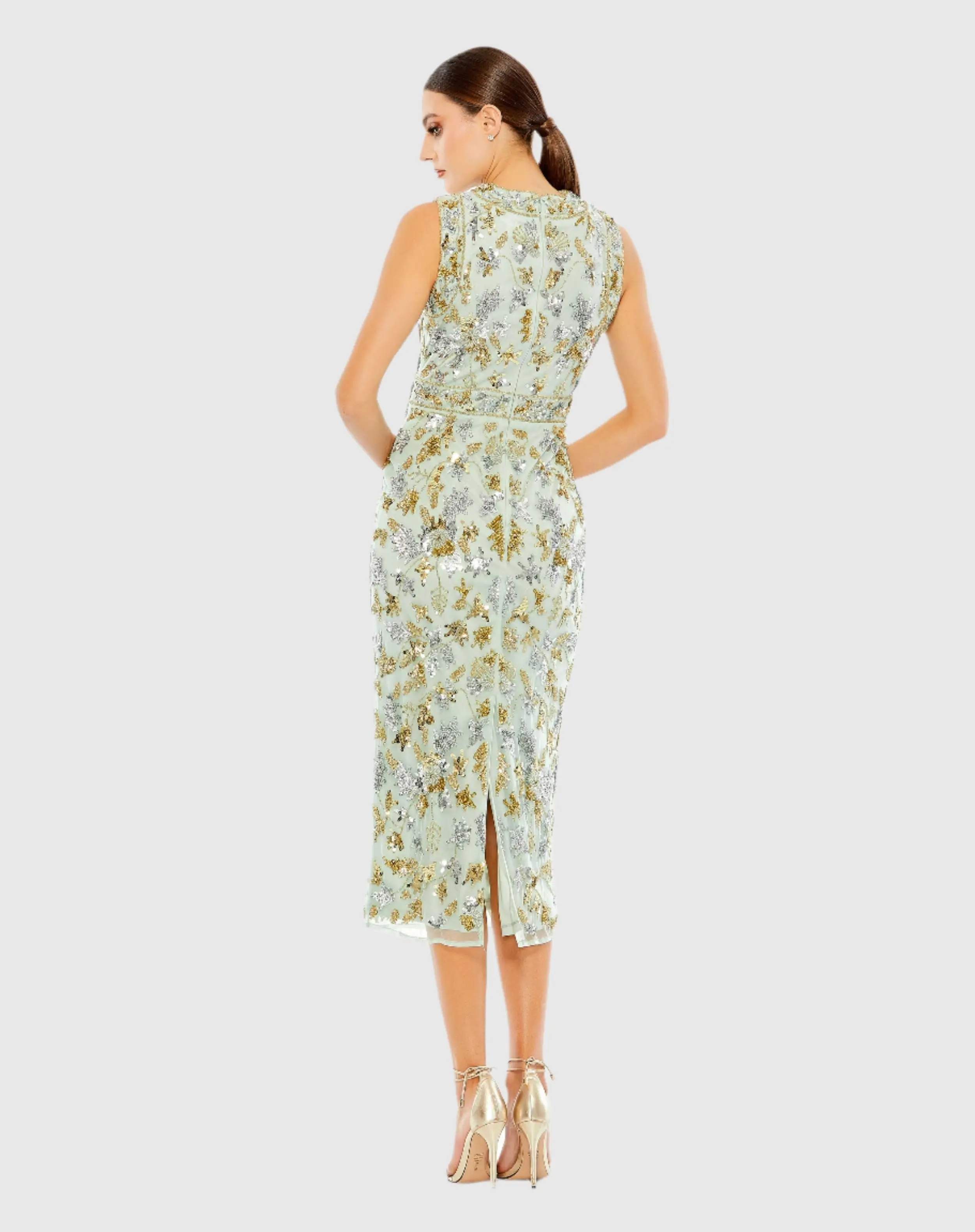 Green Embellished High Neck Sleeveless Sheath Midi Dress