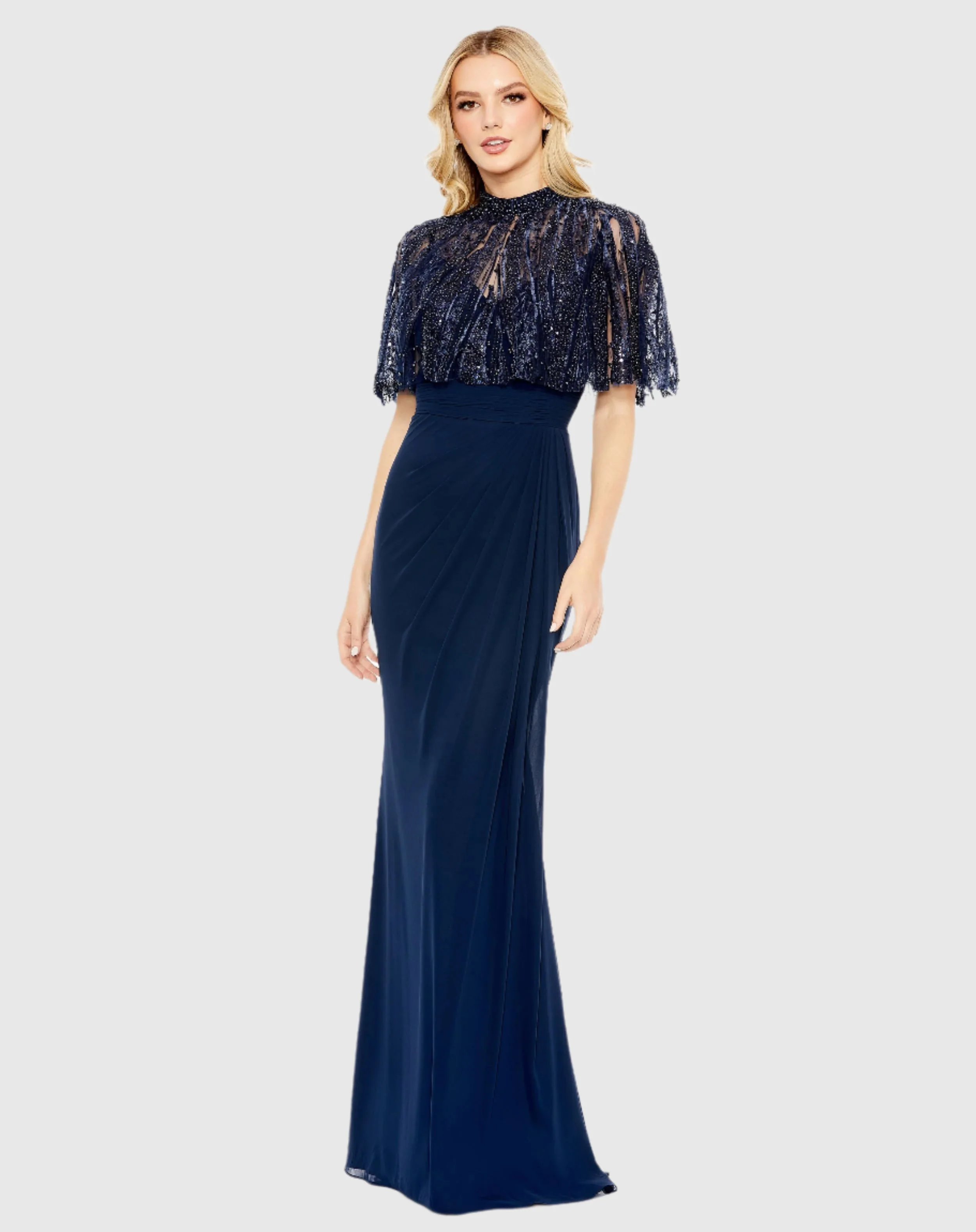 Navy Sleeveless Gown With Embellished Cape