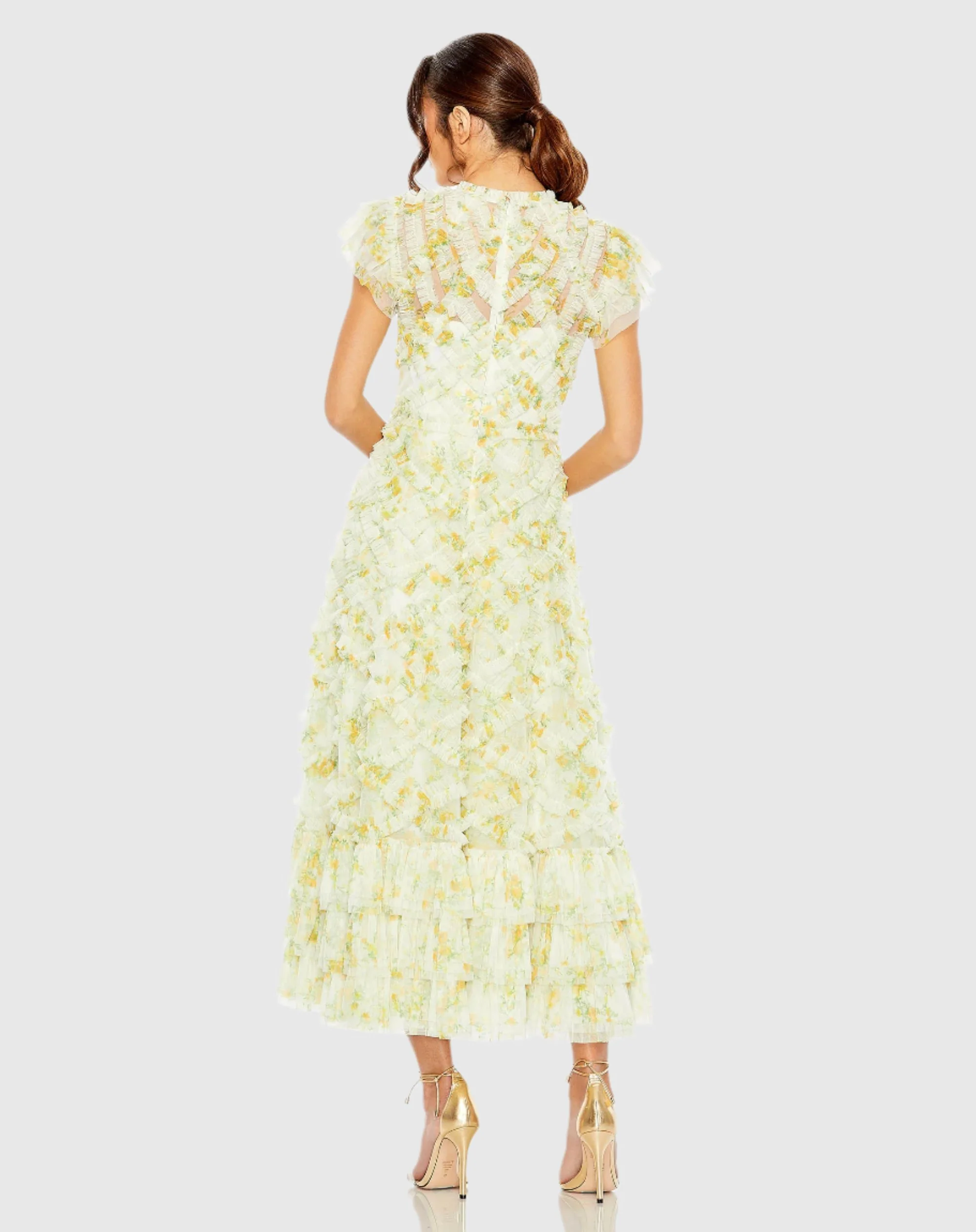 Yellow High Neck Ruffle Cap Sleeve Floral Dress