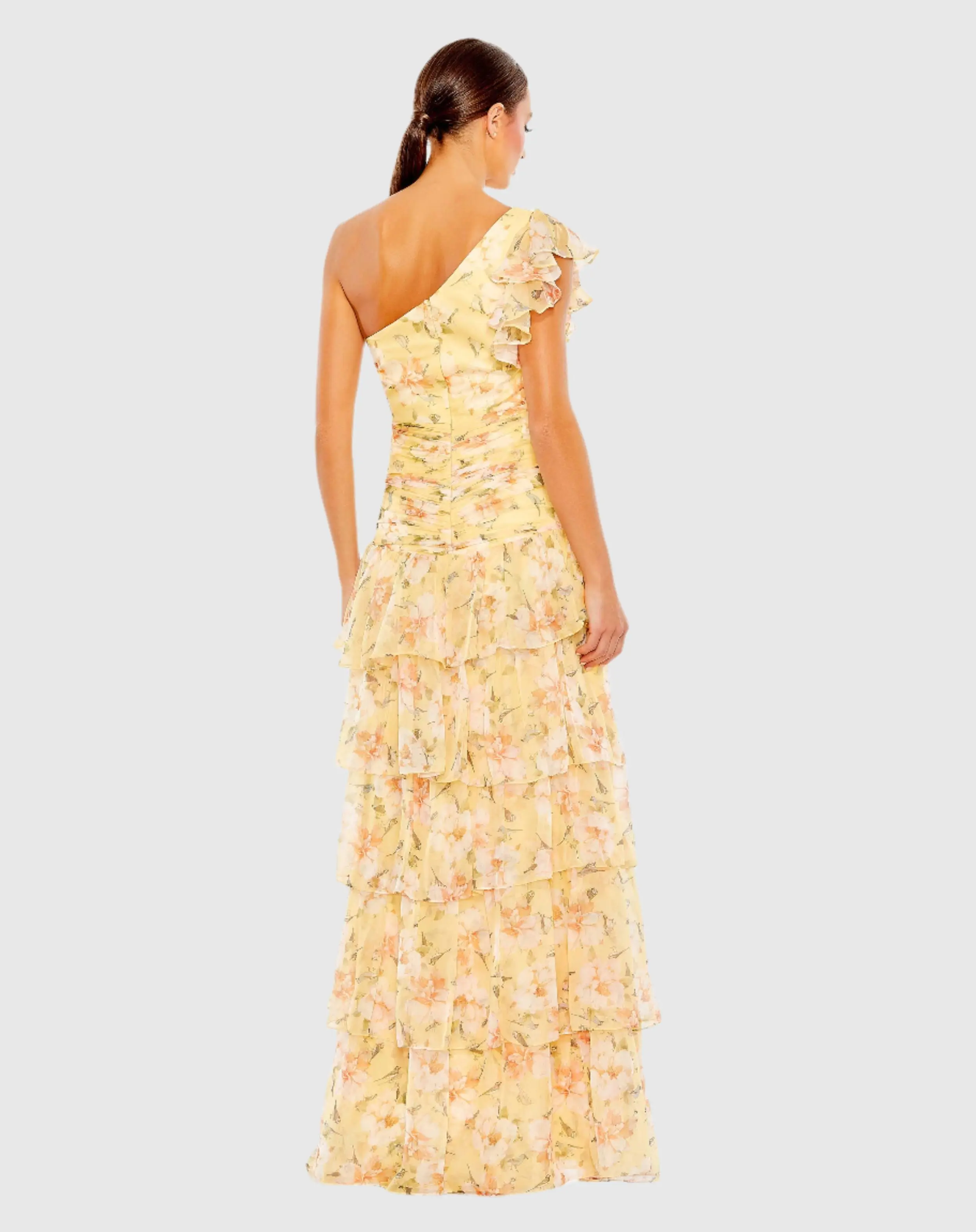 Floral Print Ruffle Tiered One Shoulder Gown