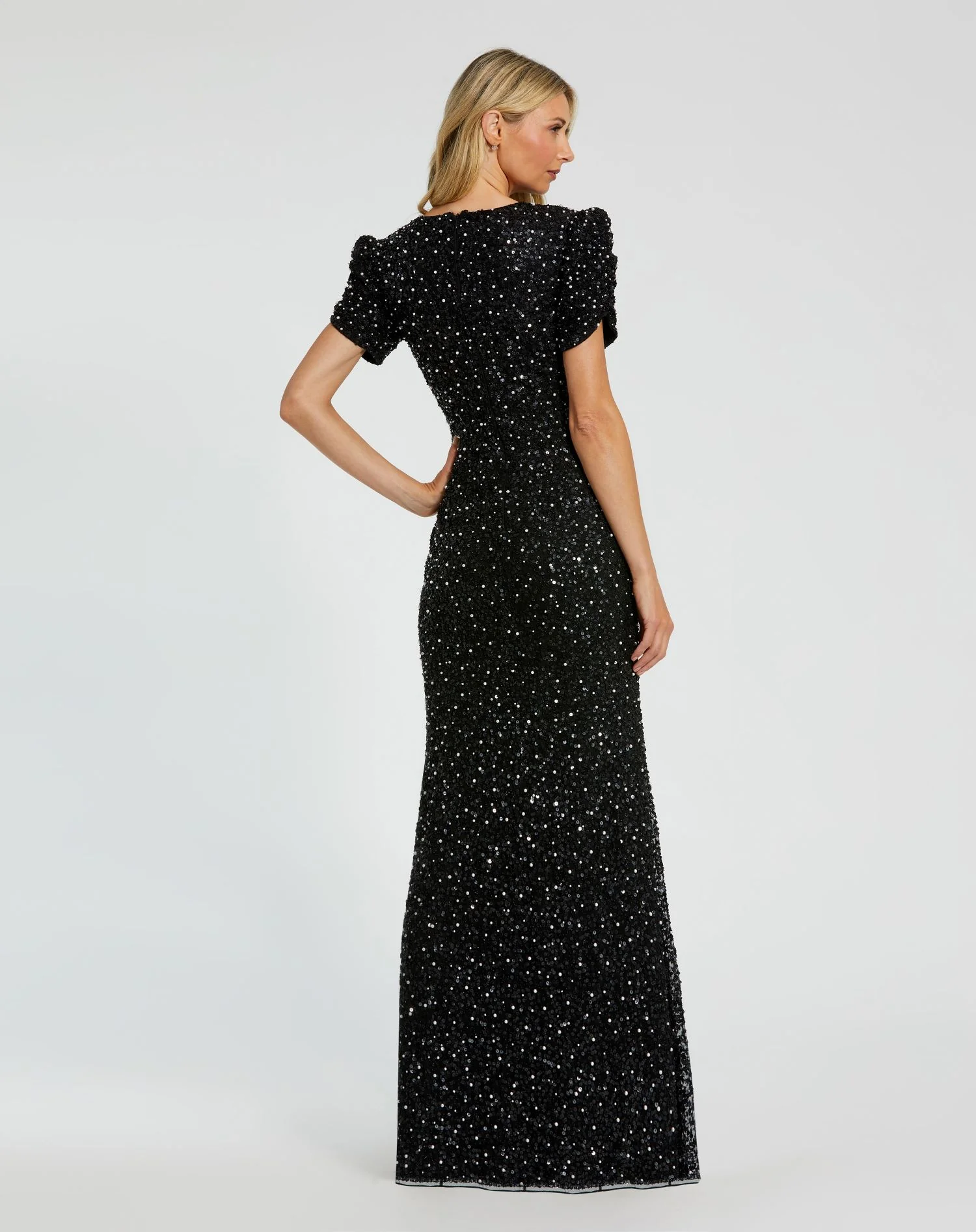 Black Gathered Short Sleeve Beaded Gown