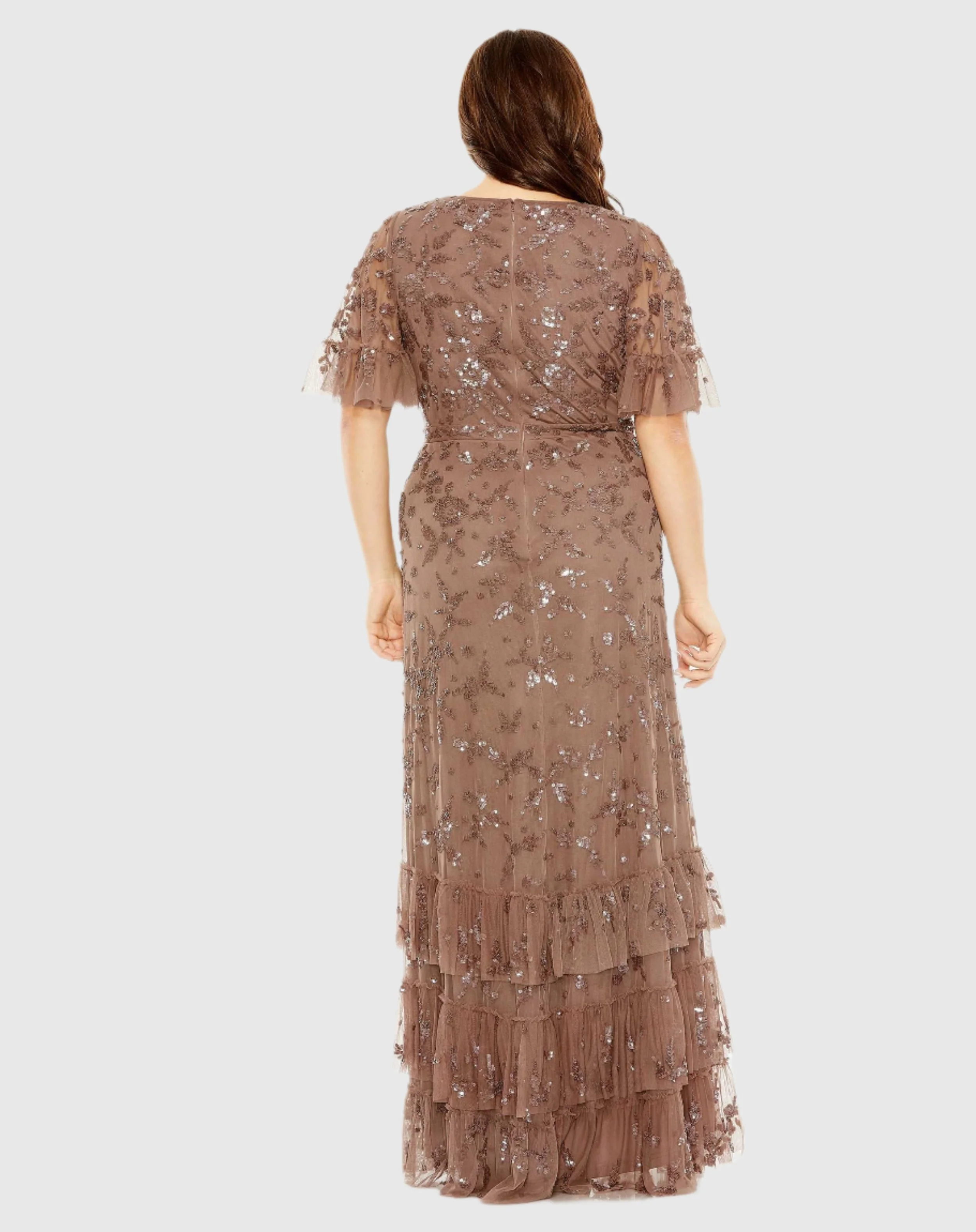 Brown Sequin Embellished Flutter Sleeve Faux Wrap V-Neck Tiered Gown