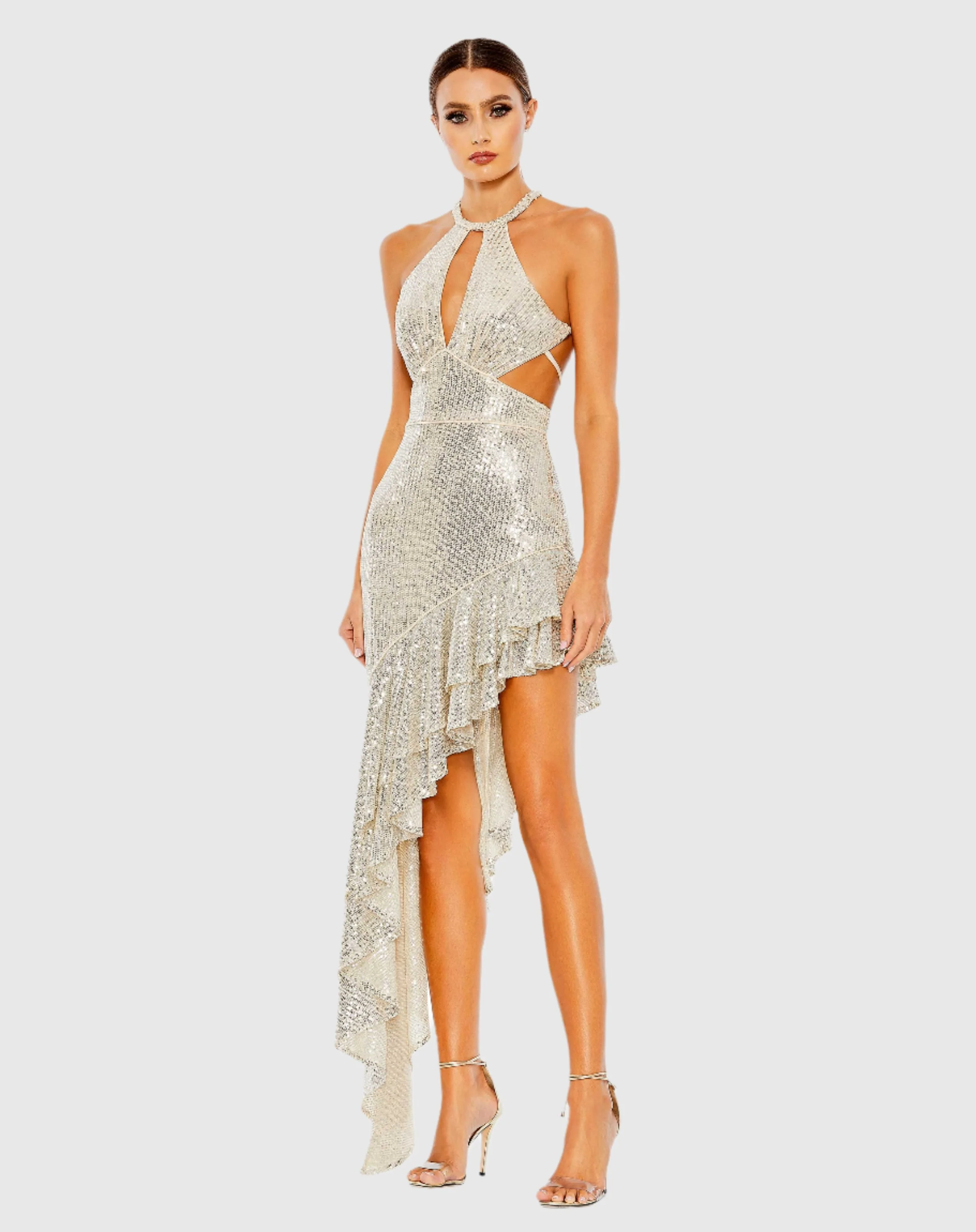 Silver Sequined Halter Cut Out Ruffle Asymmetrical Dress