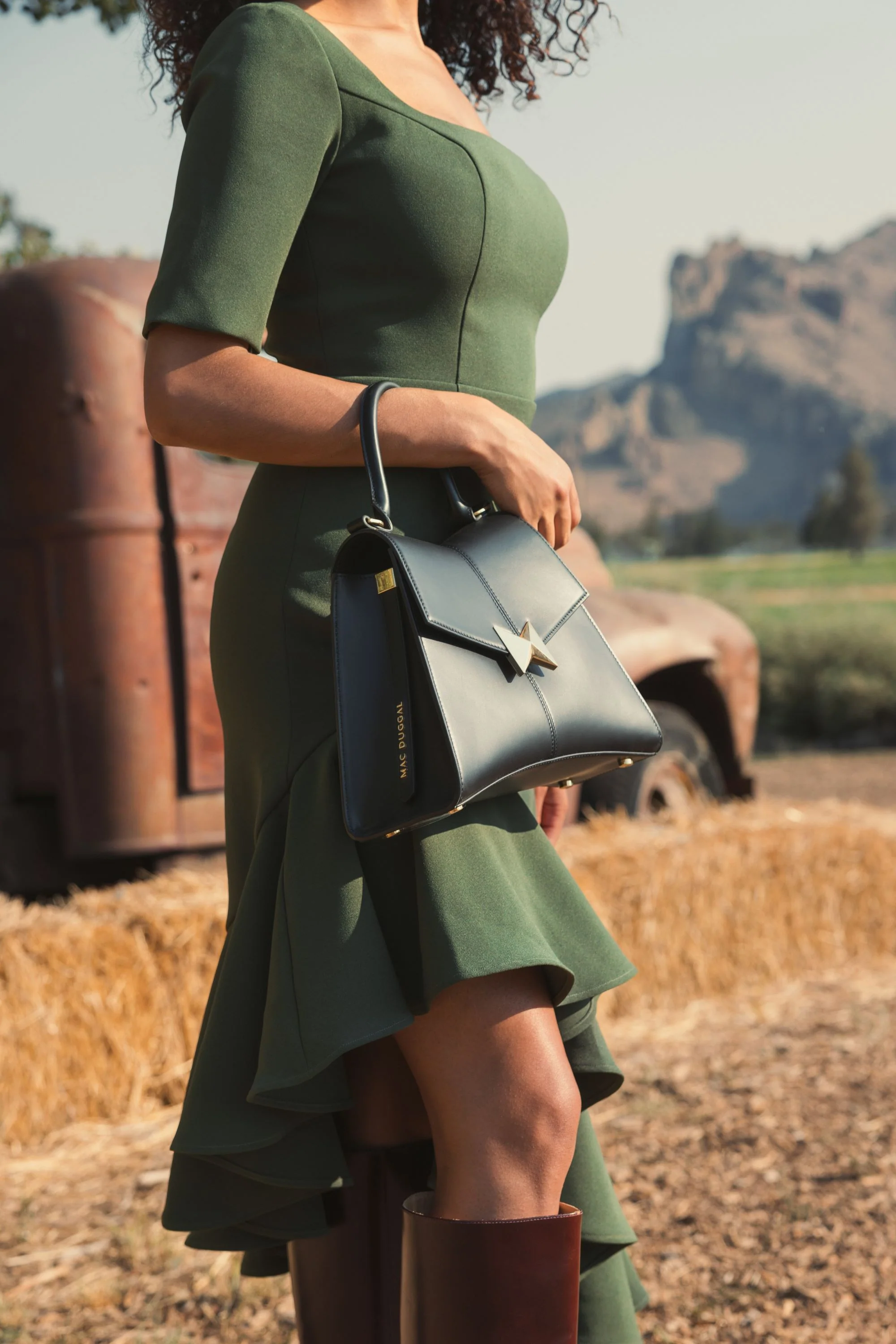 Green Crepe 3/4 Sleeve Asymmetrical Hem Dress