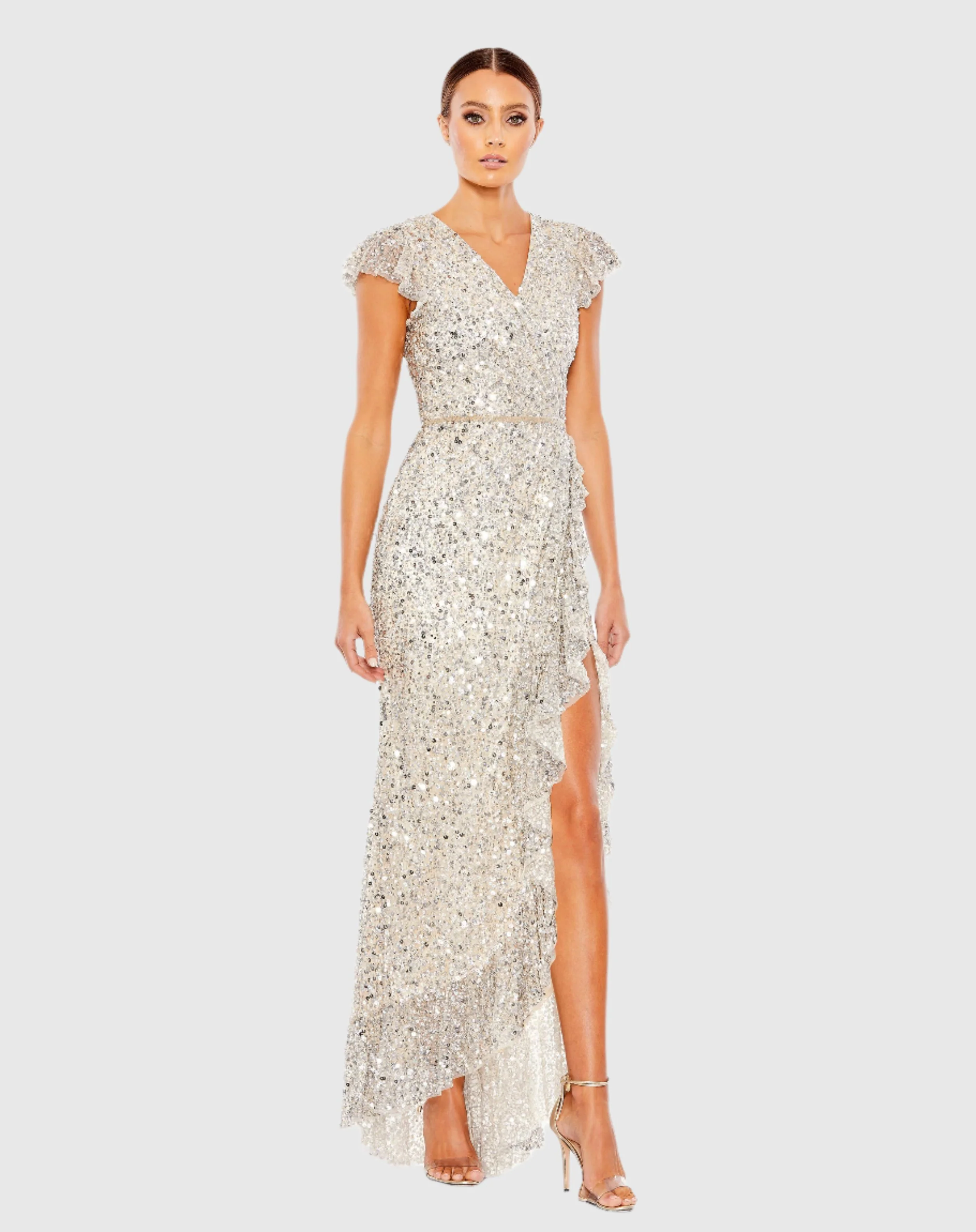 Silver Sequined Faux Wrap Ruffle Cap Sleeve Gown