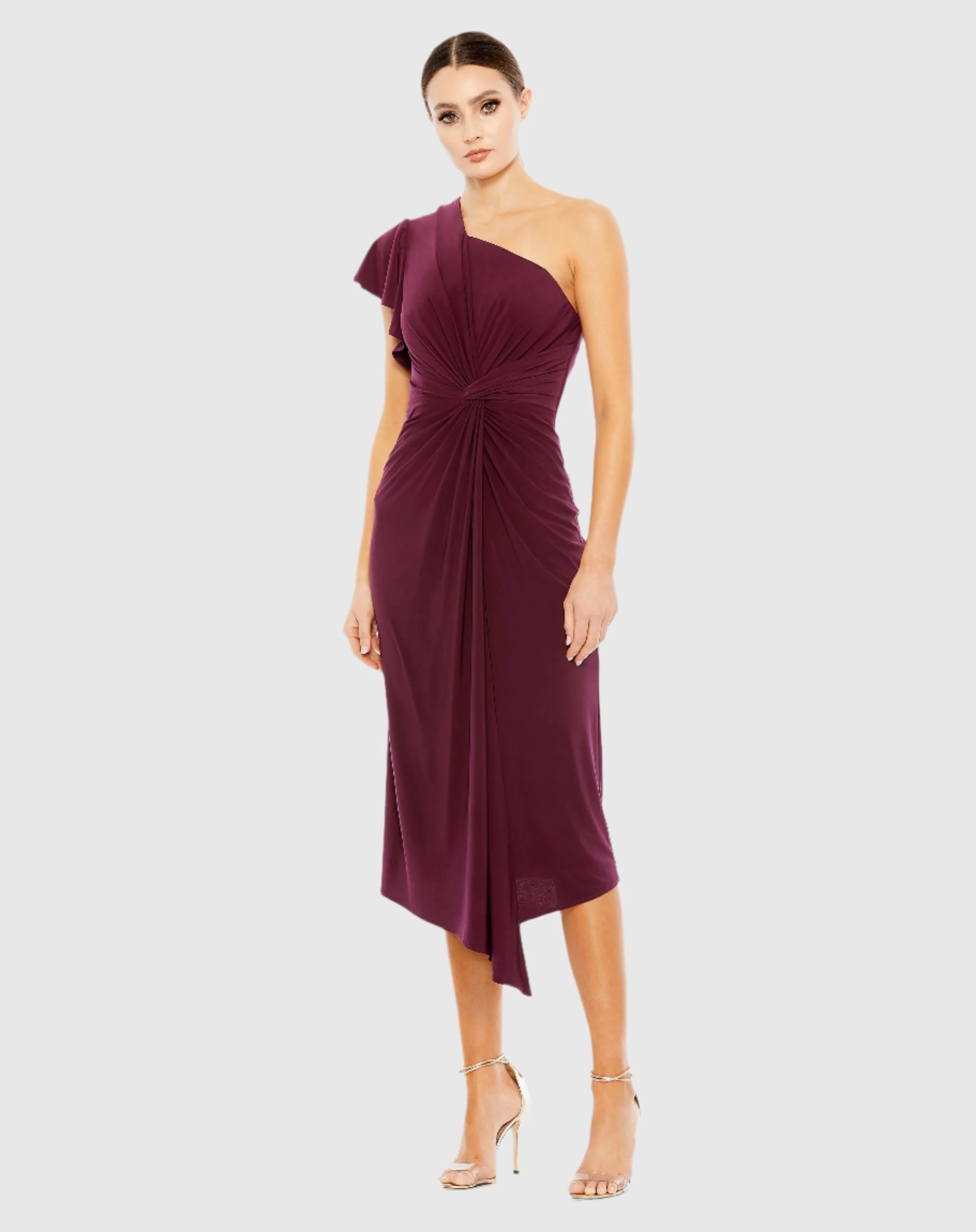 Red One Shoulder Midi Length Jersey Dress
