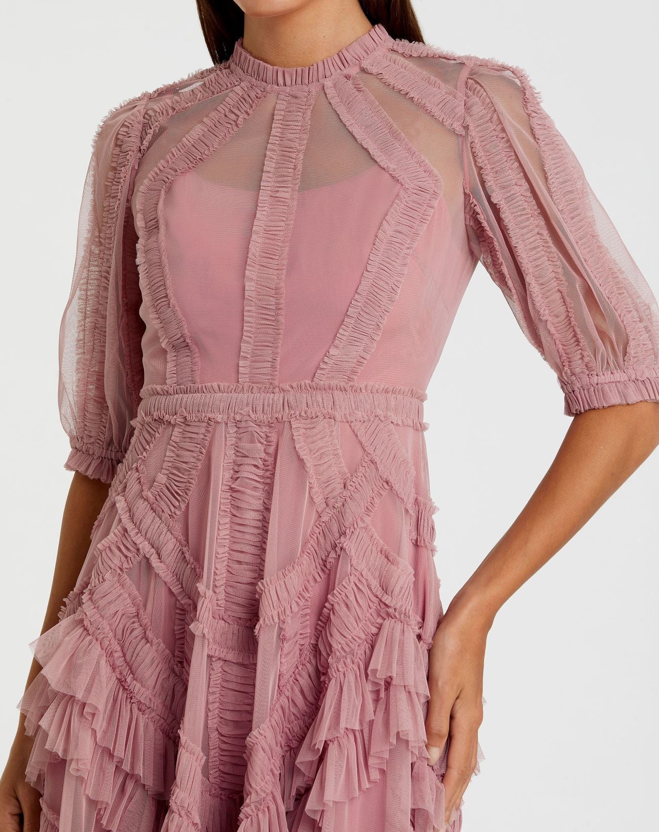 Pink High Neck Micro Ruffle Tiered Midi Dress