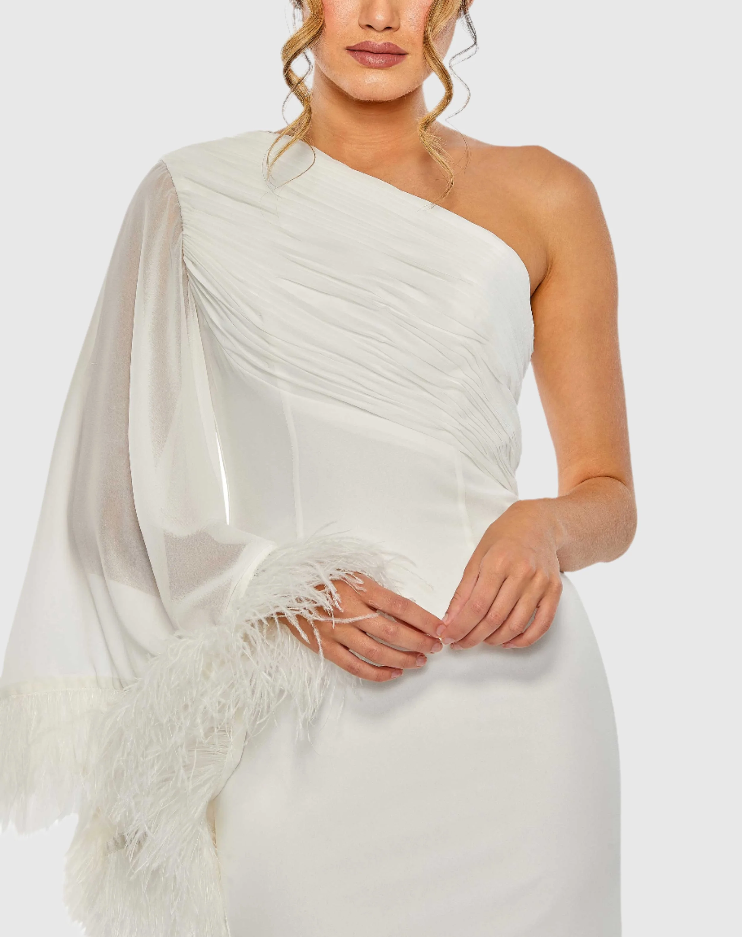 White Feather Cuff One Shoulder Ruched Gown