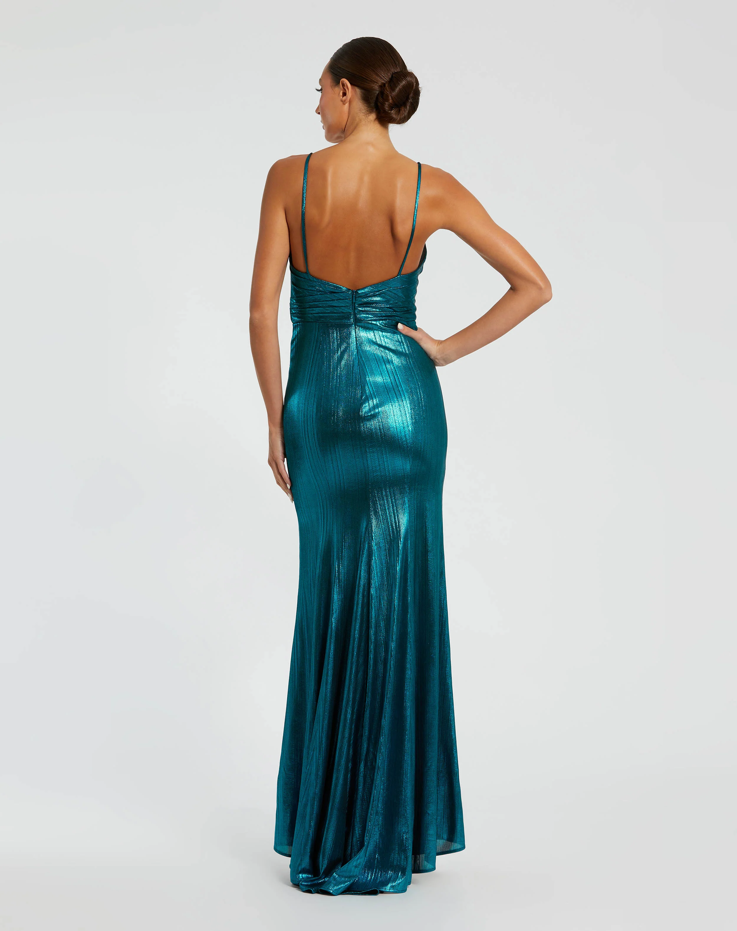 Teal Metallic Faux Wrap Spaghetti Strap Gown