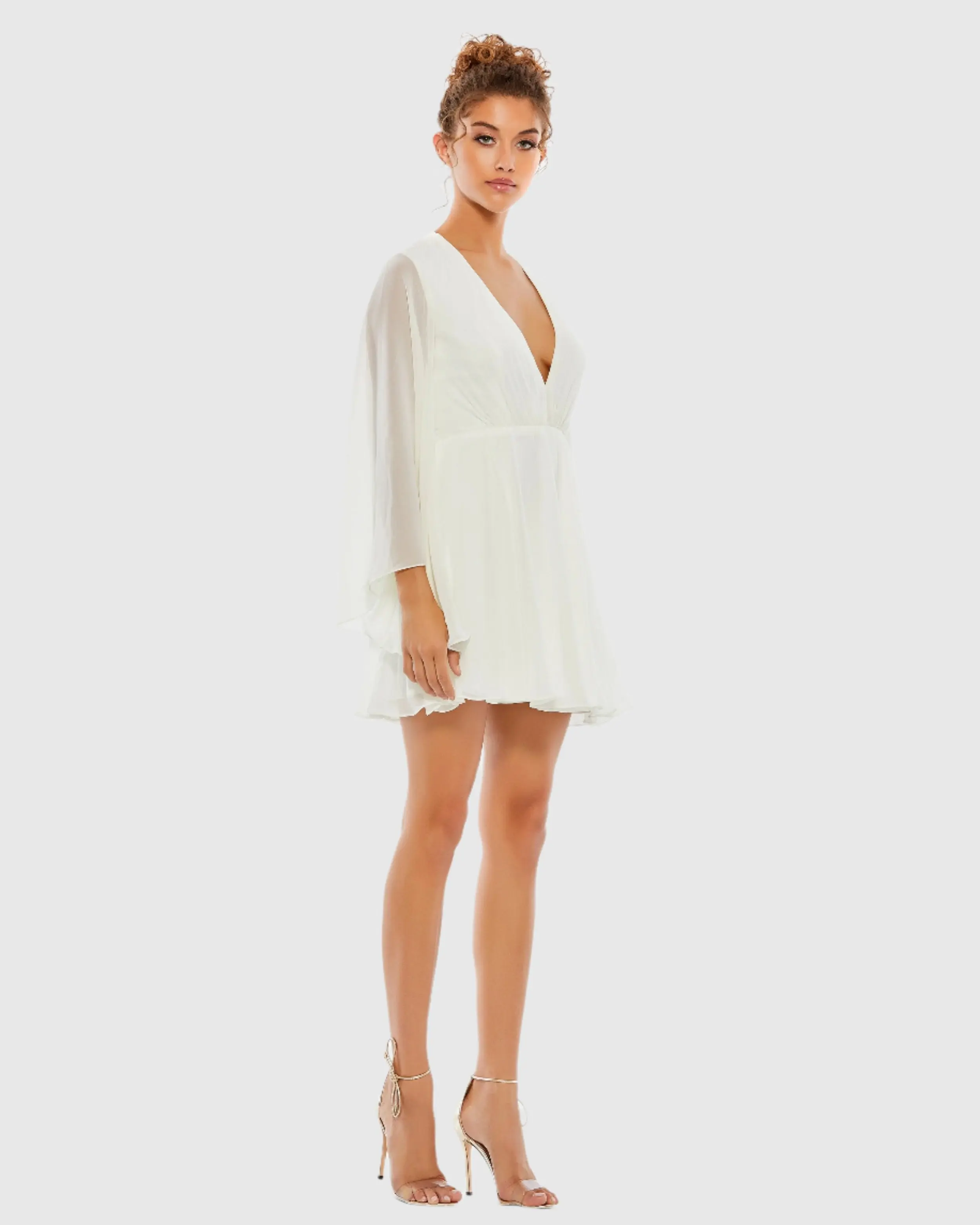 Solid Flowy V Neck Illusion Sleeve Mini Dress
